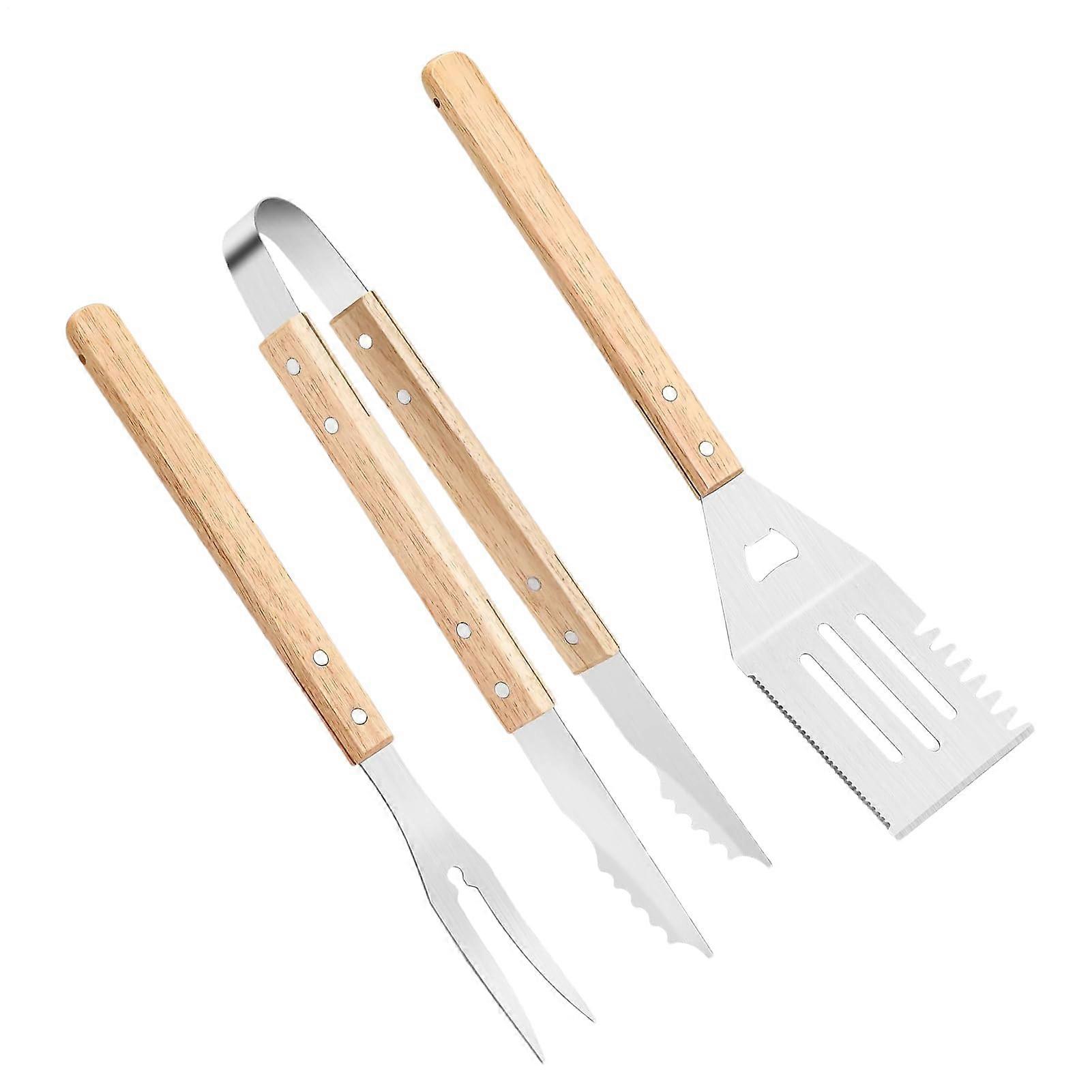 Grill Accessories Set | 3-Piece BBQ Tool Set With Rust-Resistant Wooden Handles And Anti-Slip Design For Grilling