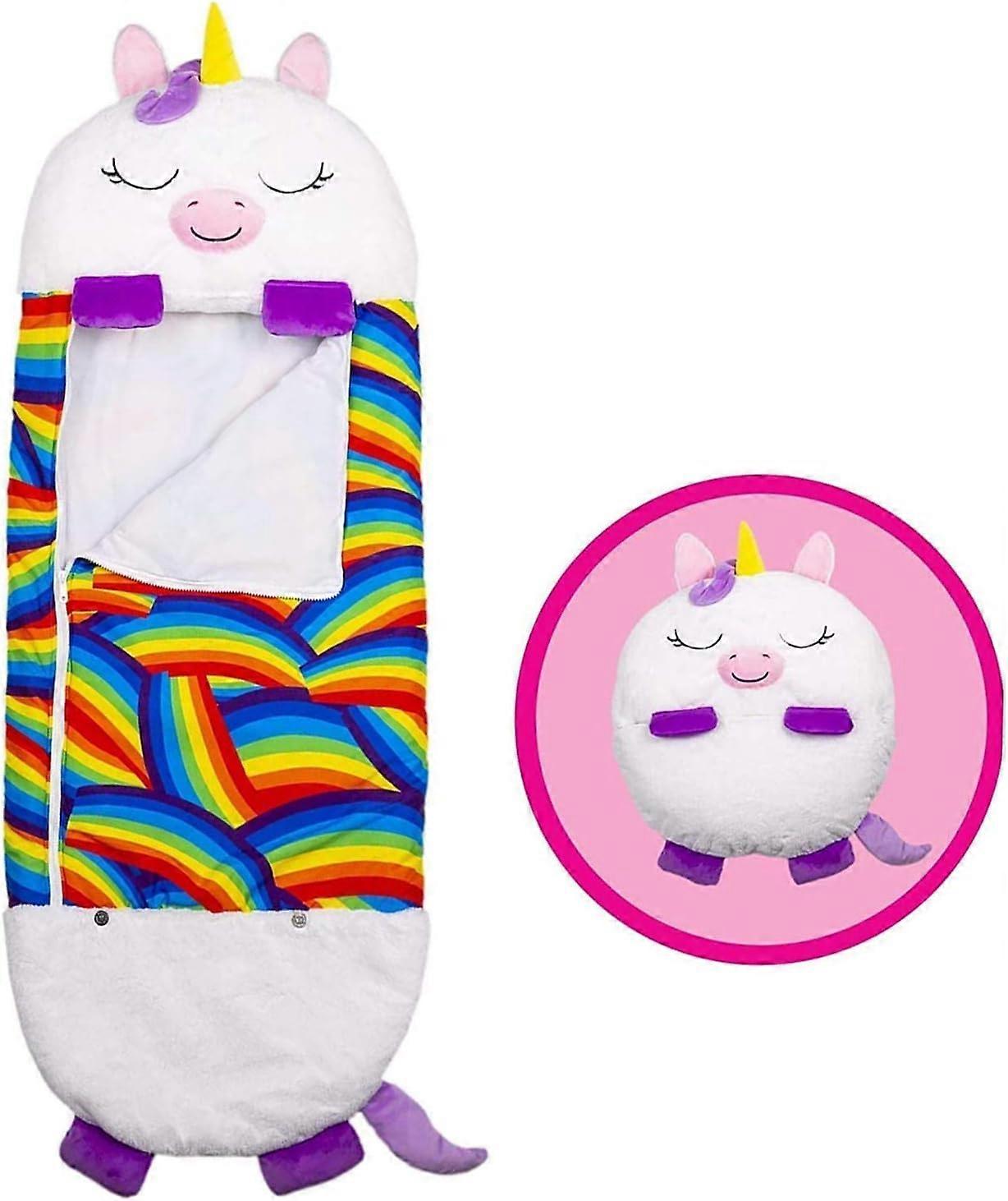 Sleeping Bag Folding Pillow, 2 in 1, Children's Napping Anti-Kick Cartoon Sleeping Bag, White Unicorn Style