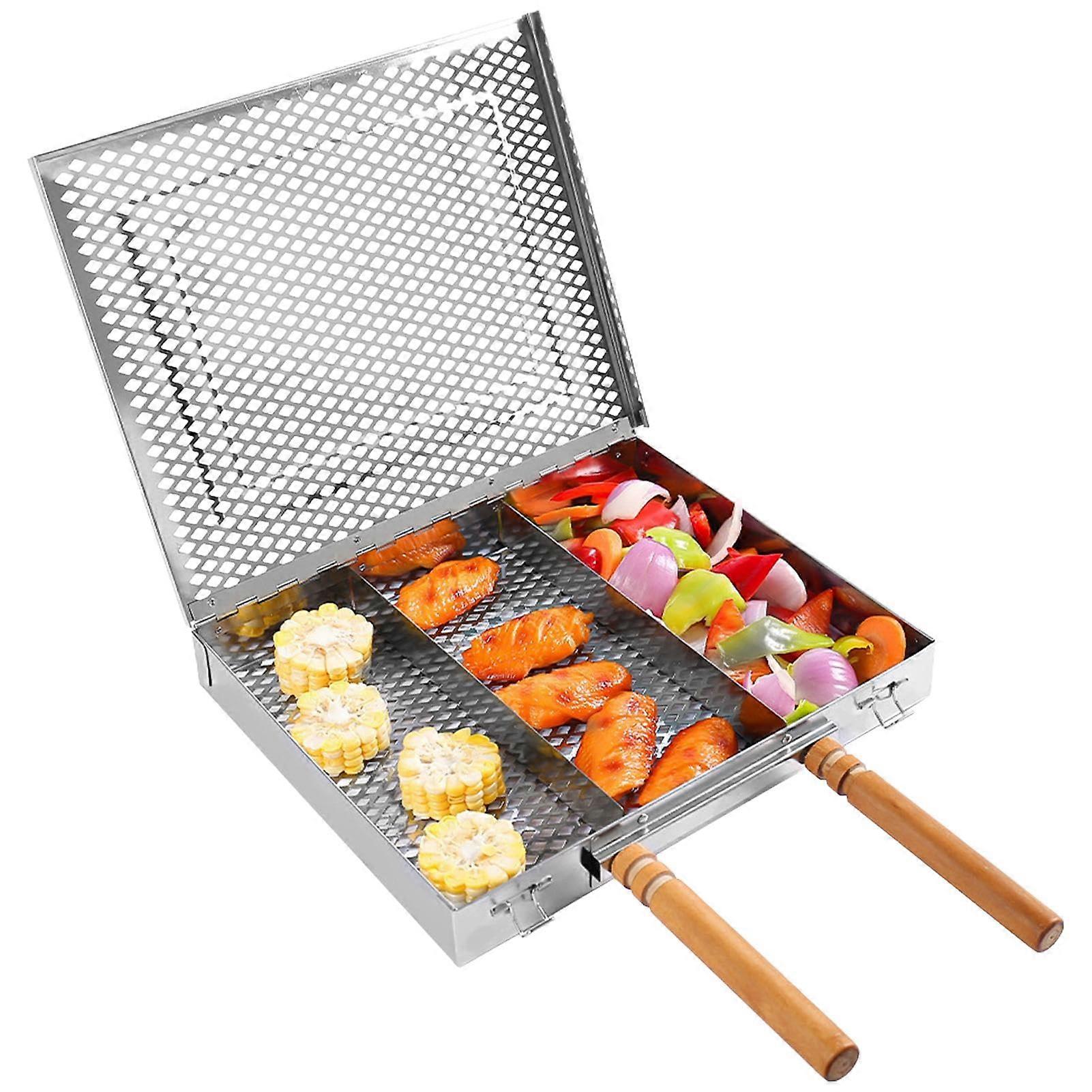 Portable grill basket with removable divider, double handle