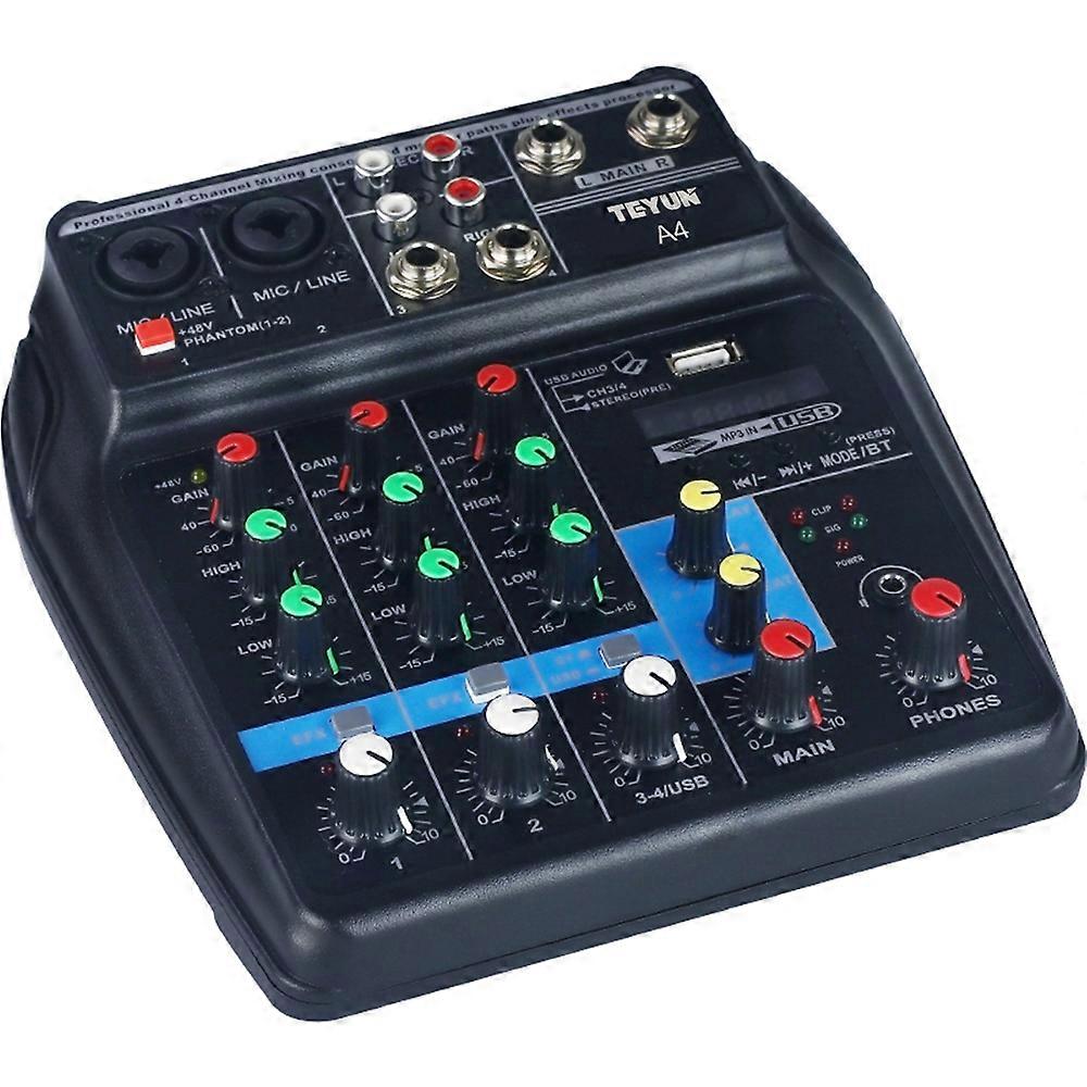 Tragbares 4-Kanal-BT-Sound-Mischpult Digital o Mixer Eingebaute Reverb-Effekte für die Aufnahme von DJ-Netzwerk-Live-Übertragungen