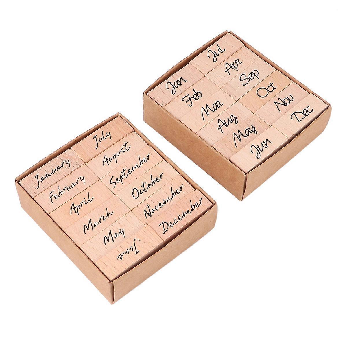24 Pcs DIY Month Letter Seals Wooden Rubber Stamps for Crafting Decor and Scrapbooking Light Brown