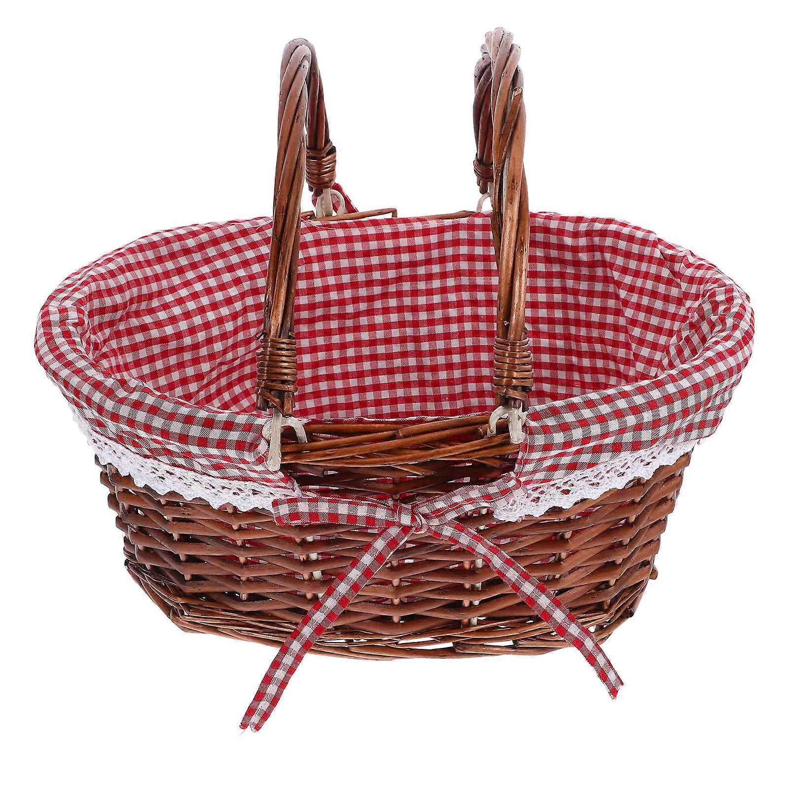 Picnic Basket Food Storage Woven Fruit Decorative Flower Rattan Plant Wine Bread Tray with Handle 1 Set