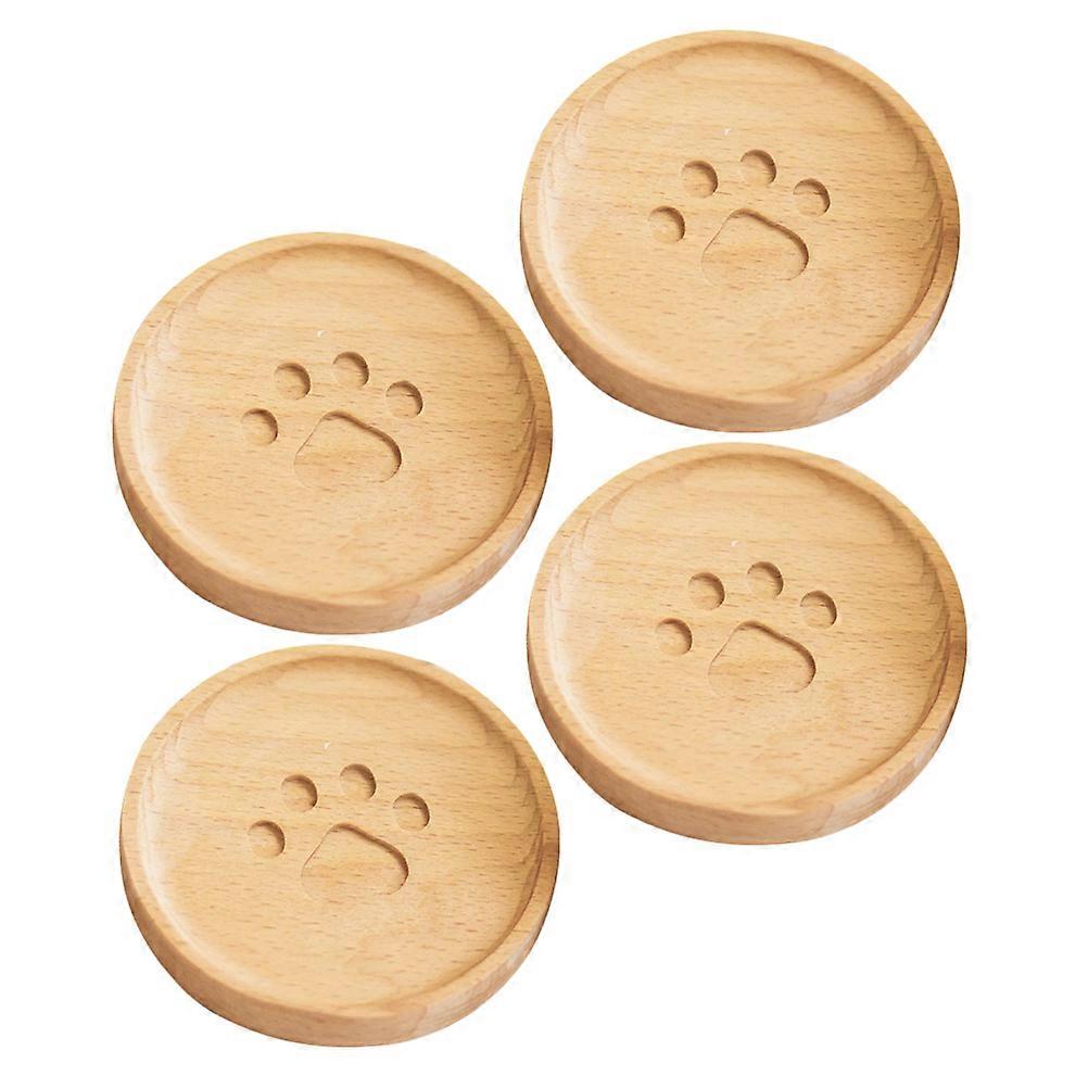 Wood Coasters Set For Household Users Round Shape Cute Paw Pattern Light Insulation 4Pcs