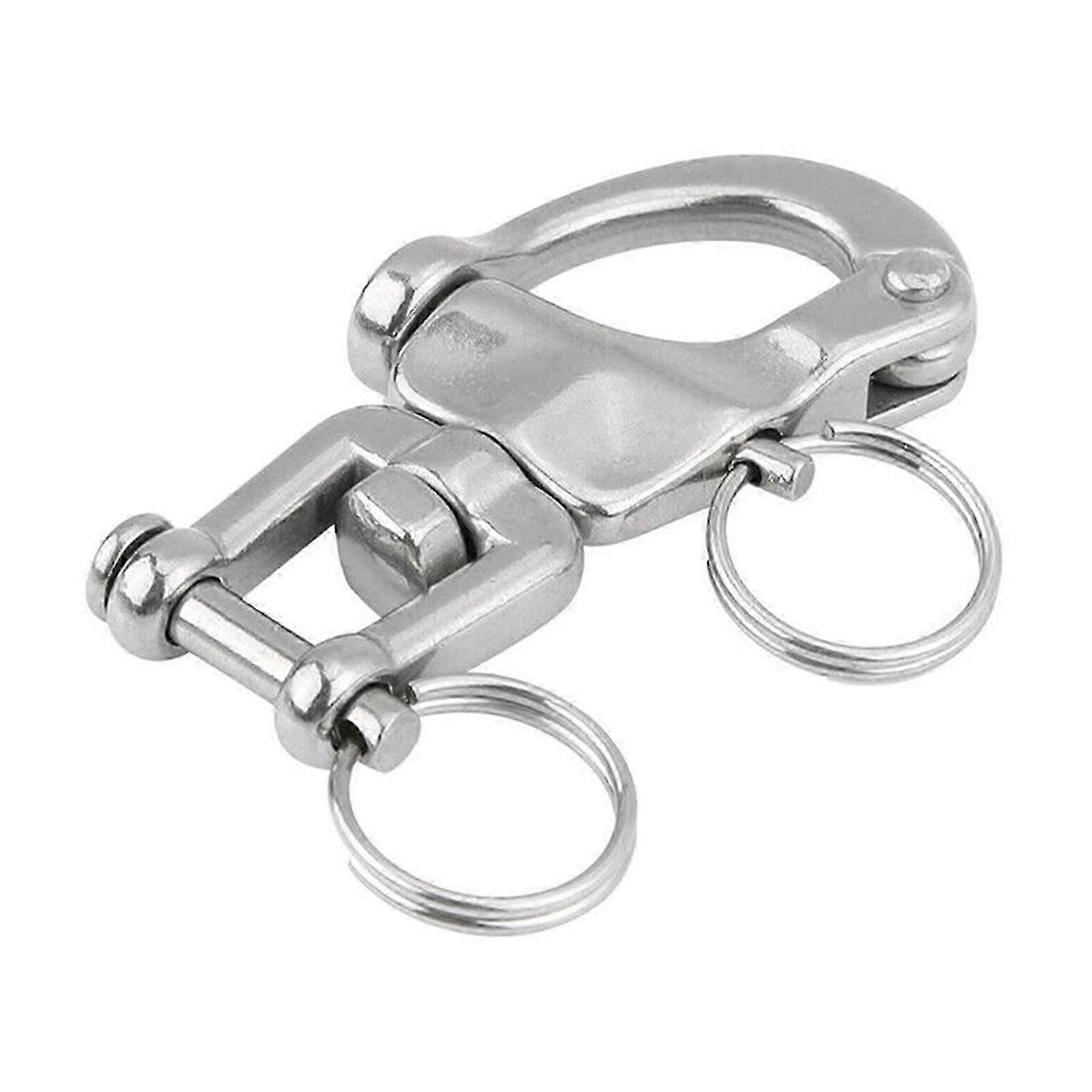 A Marine Grade Panic Hook and Stainless Steel Spring Shackle with a Quick Locking Mechanism for Secure Outdoor Connections.