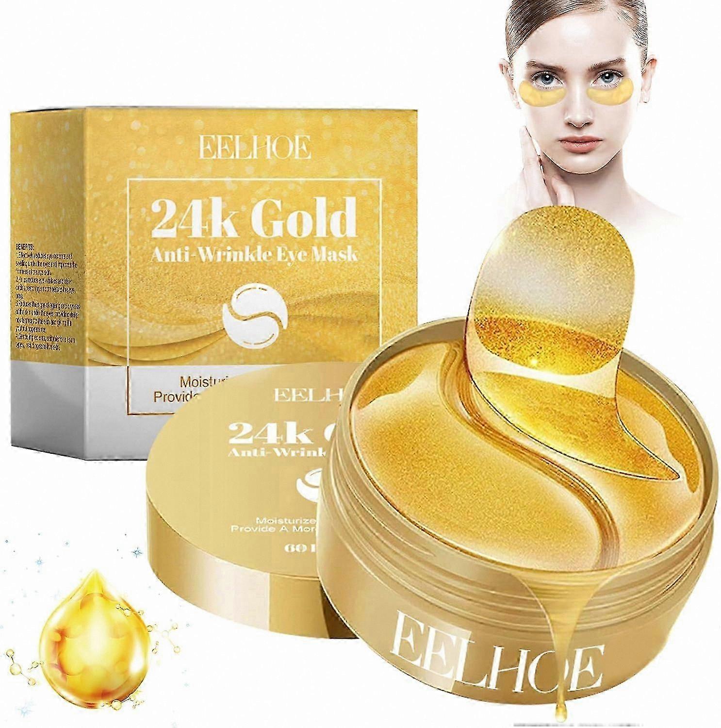 24K Gold Collagen Eye Masks, 60 Patches for Dark Circles & Puffiness Relief, Hydrating Skincare Treatment for Brighter Under-Eyes