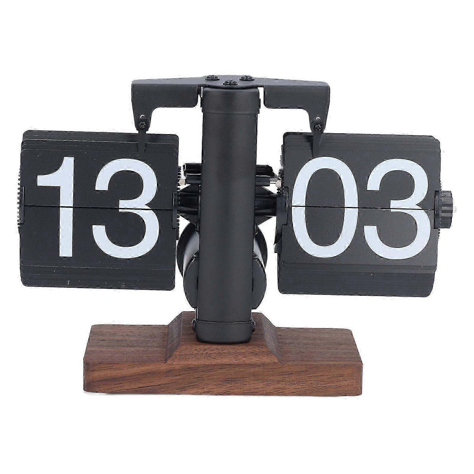 Retro Home Flip Clock Minimalist Design Mechanical 24 Hour Time Display with Wooden Base Matte Black Frame Black Flip Page