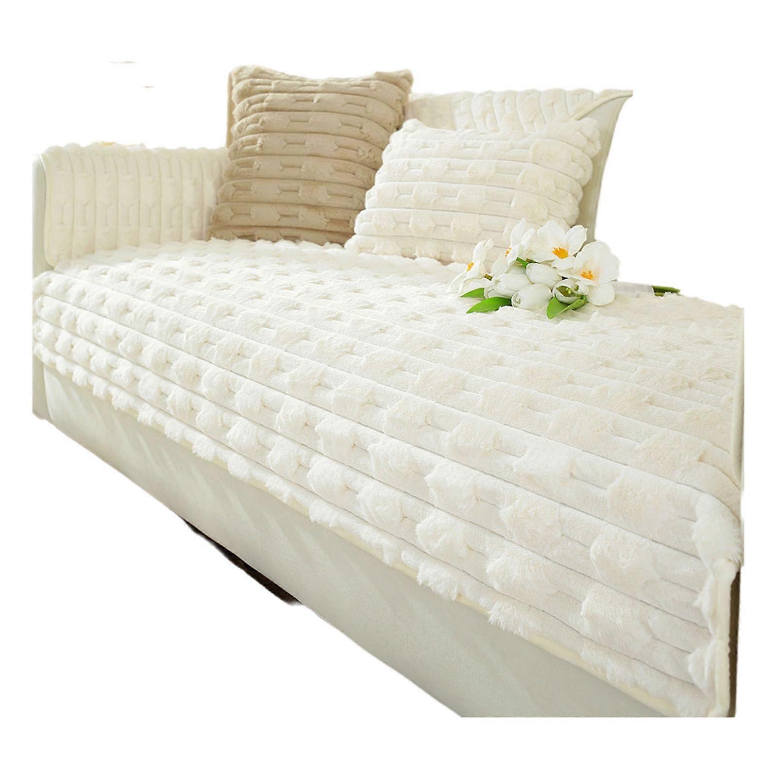 White Plush NonSlip Sofa Covers 110 X 240 Cm For Sectionals, Thickened Cushion Protector, Winter Solid Color Slipcover