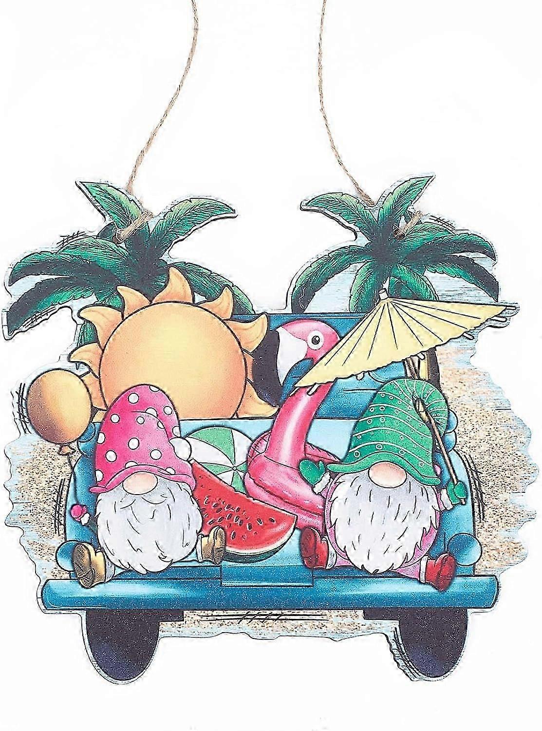 Dwarf Wood Sign Beach Wooden Decor Summer Sun Coconut Tree Hanging Car Decorations Plaques with Rope for Front Door Porch Wall Holiday Home Gift 11.73