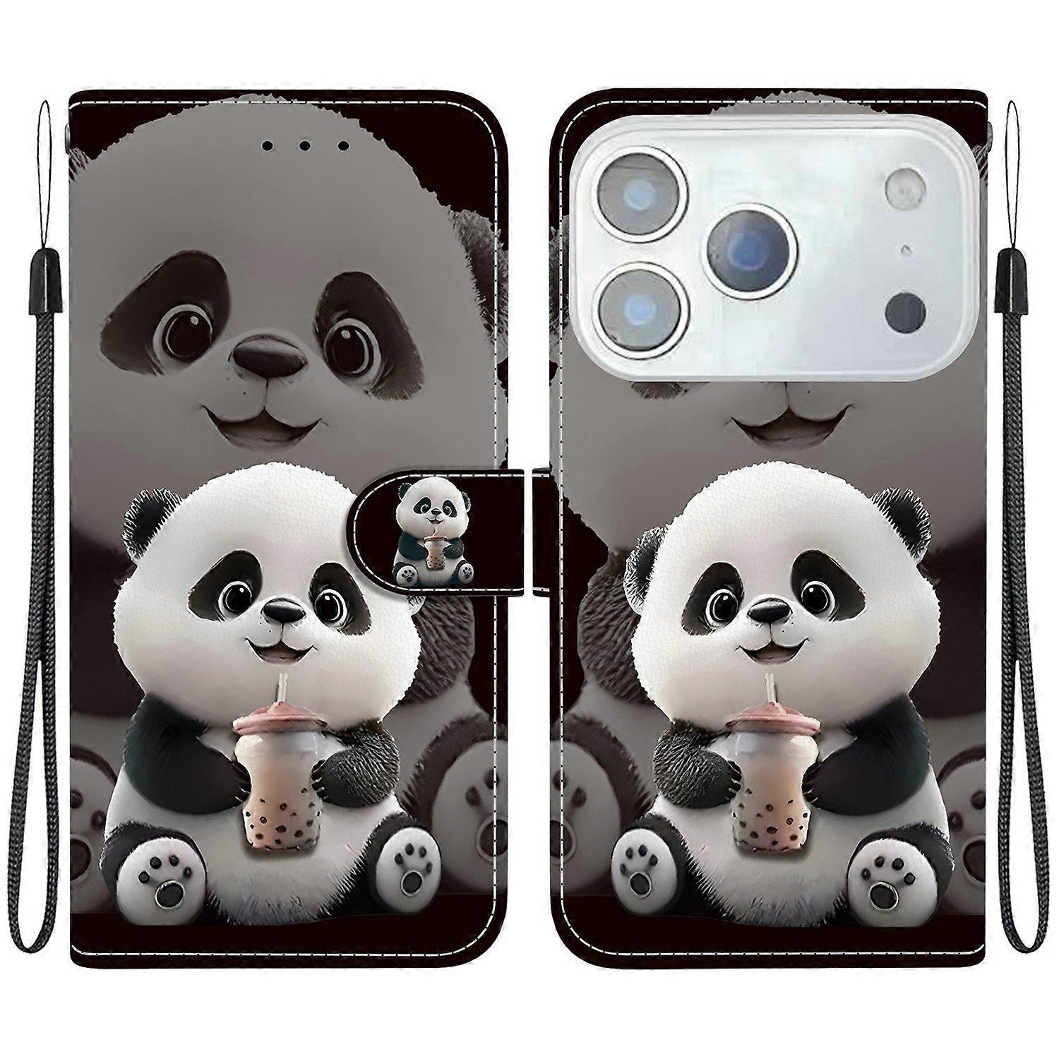 For iPhone 17 Pro Leather Case Stand Wallet Pattern Printing Phone Cover with Wrist Strap