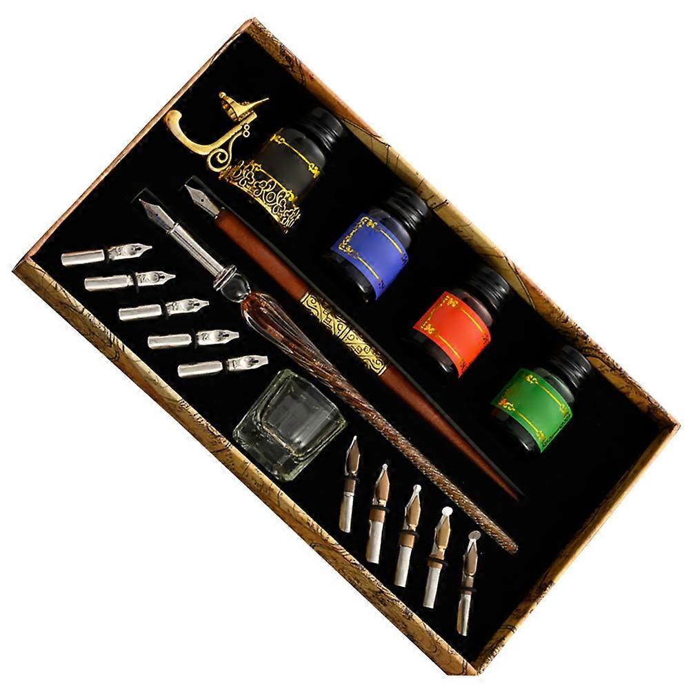 Glass Dip Pen Set for Writing Use Includes Wooden Pens and Ink Accessories