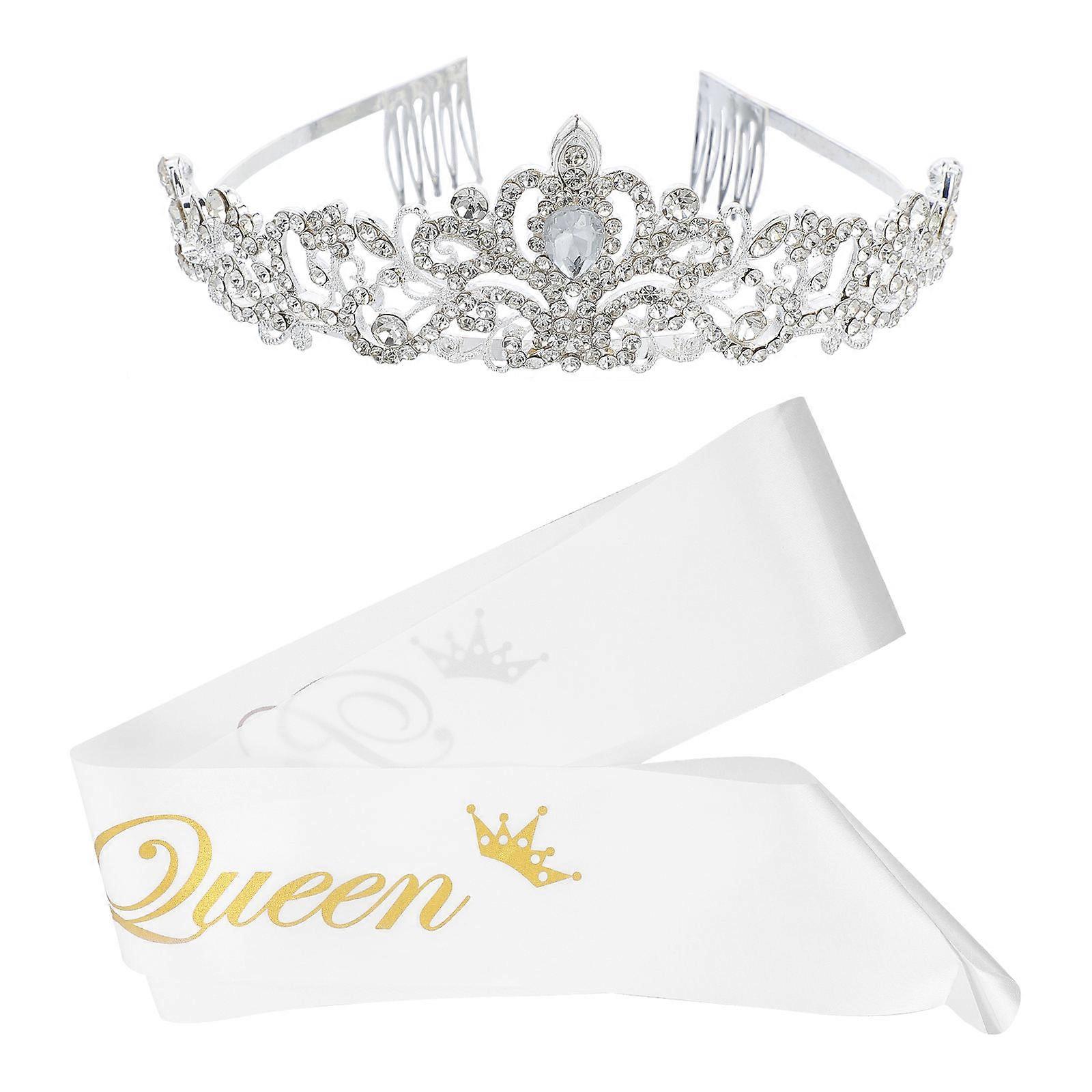 Prom Queen Crown and Sash Set with Rhinestones for Wedding Party