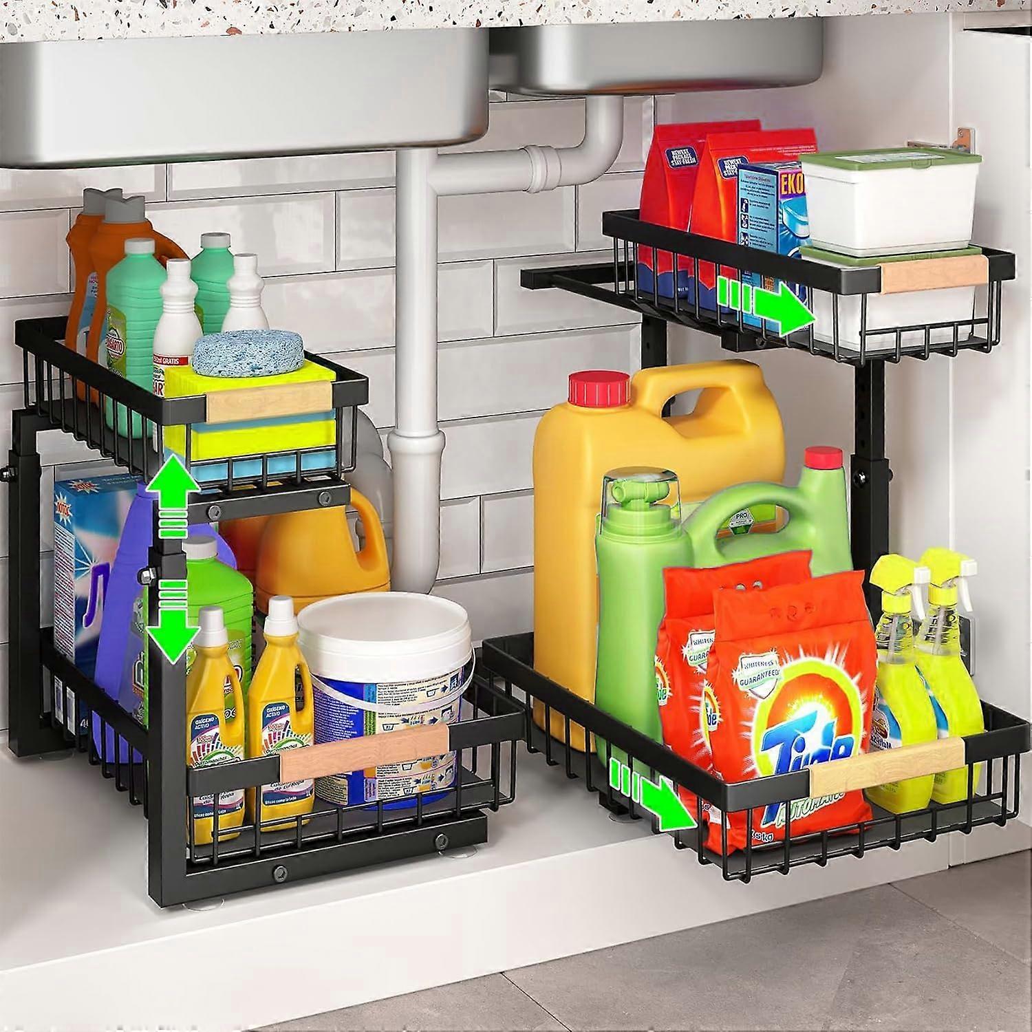Carla Home 2 Tier Under Sink Kitchen Organiser Set With Adjustable Slide Rail And Suction Cups Sink Organisers