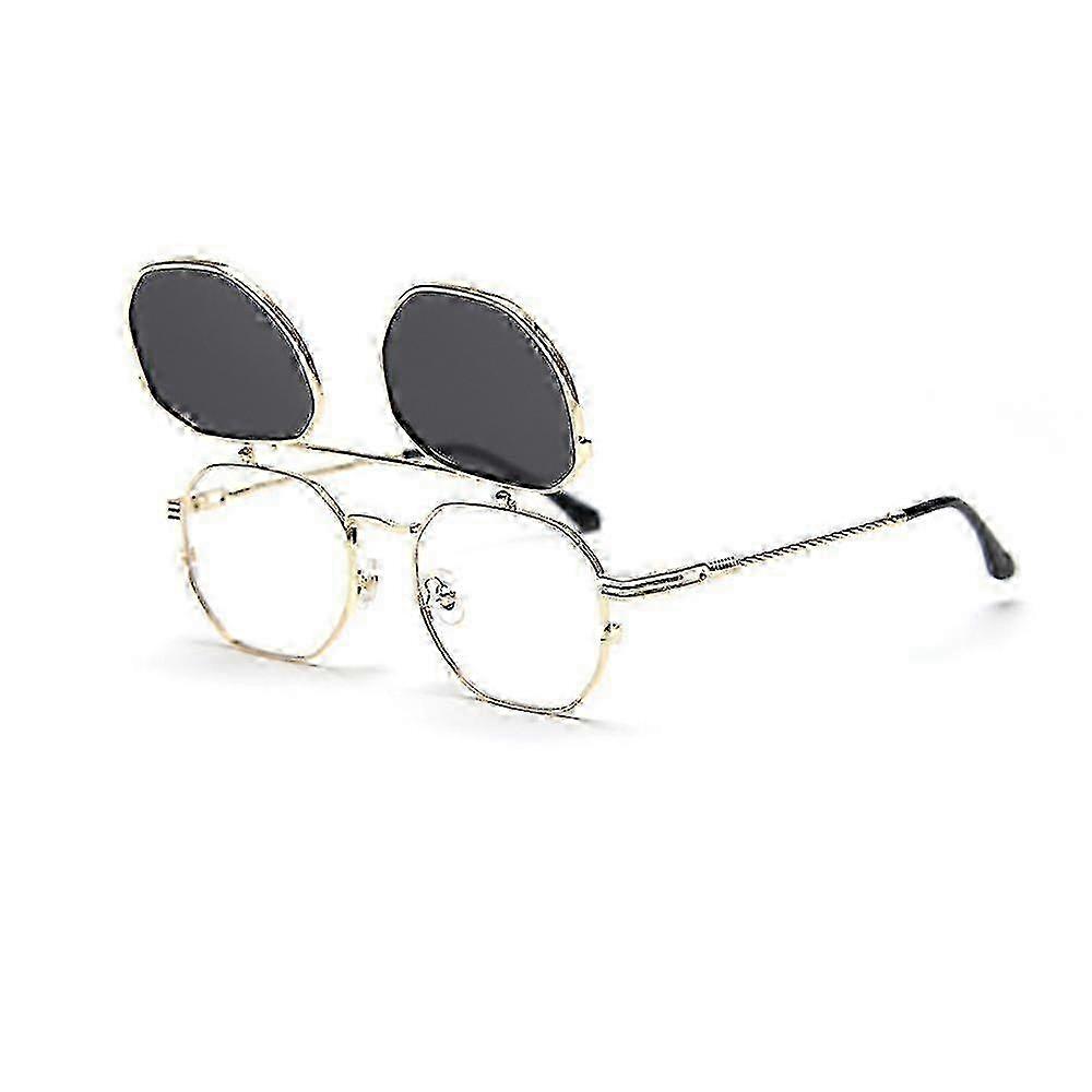 Vintage Punk Polarized Polygon Flip-Up Sunglasses UV400 Shade Gray