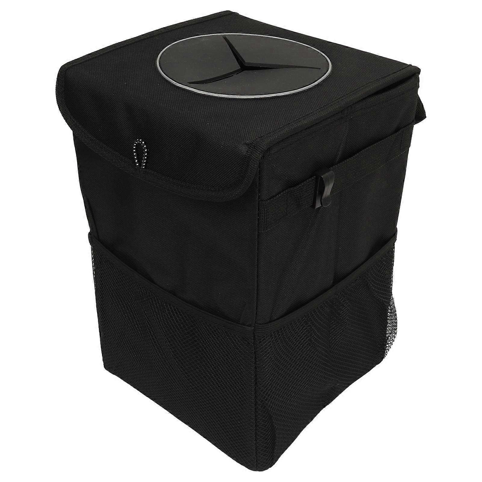 Collapsible car trash can with lid and storage pockets for easy organization
