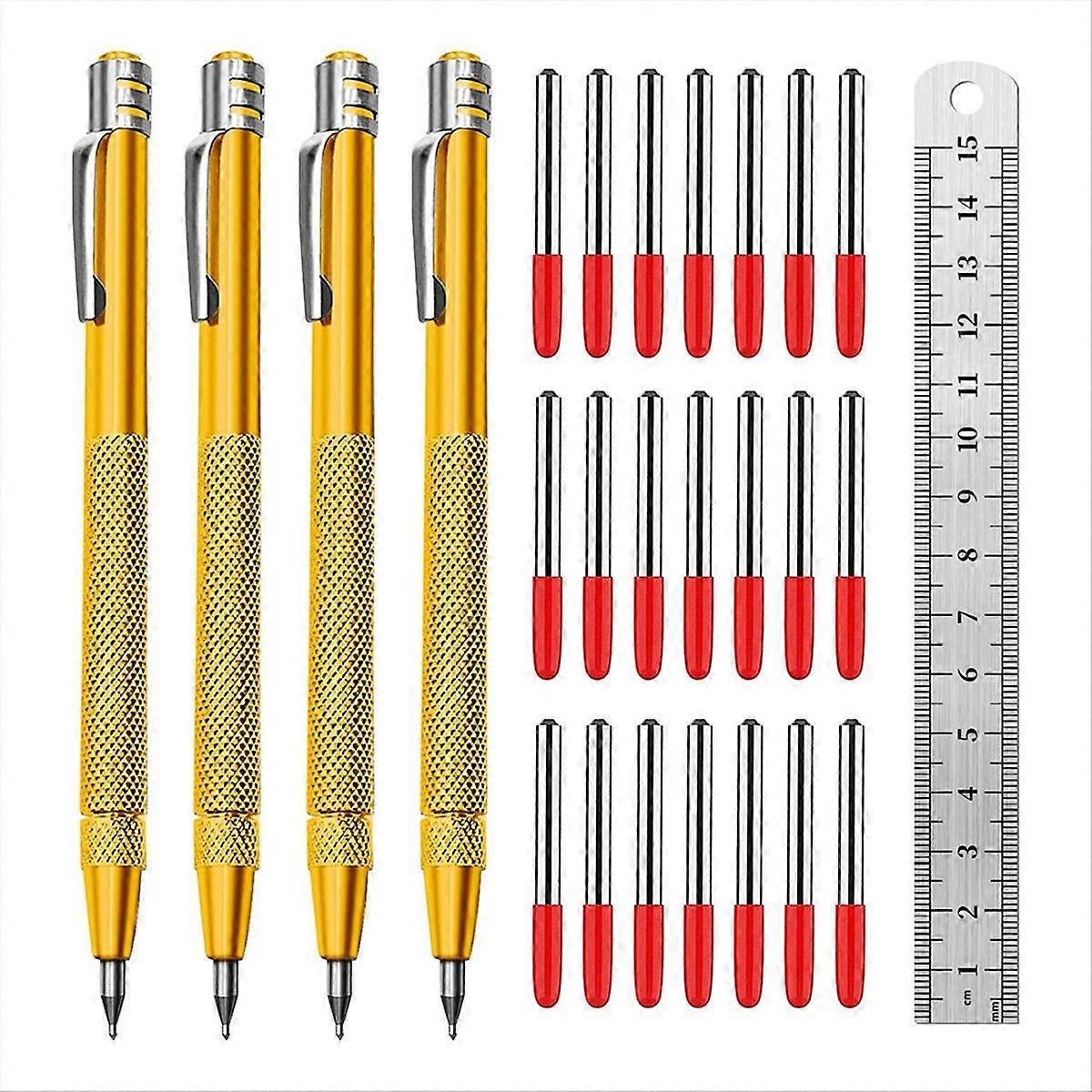 4 Pack Scriber with Magnet, Metal Scribe, with Extra 24 Replacement Marking Tip and Steel Ruler