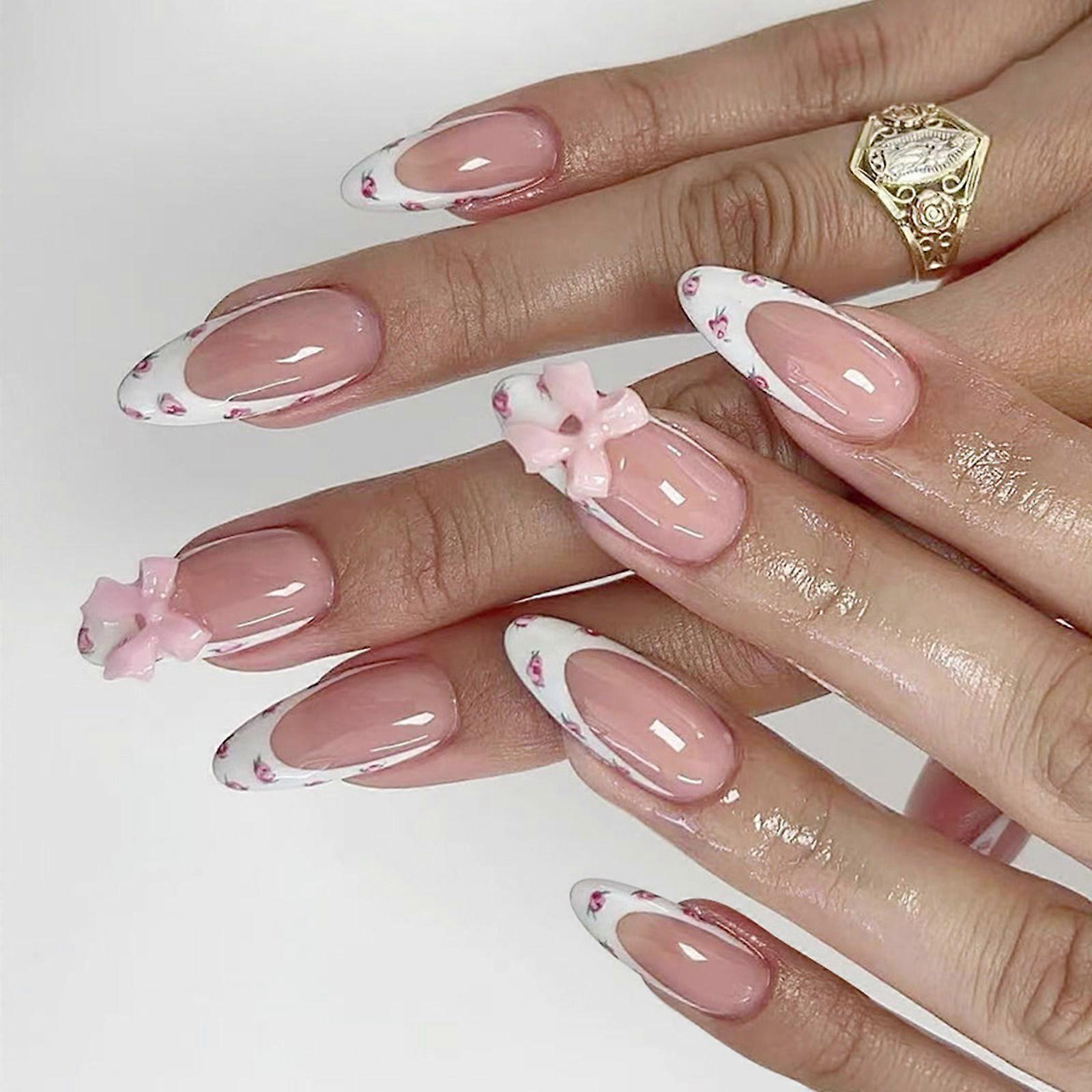 24pcs Medium False Nail Tulips Flower Bows Design Breathable Artificial Nail Easy Application ABS Material Multicolor