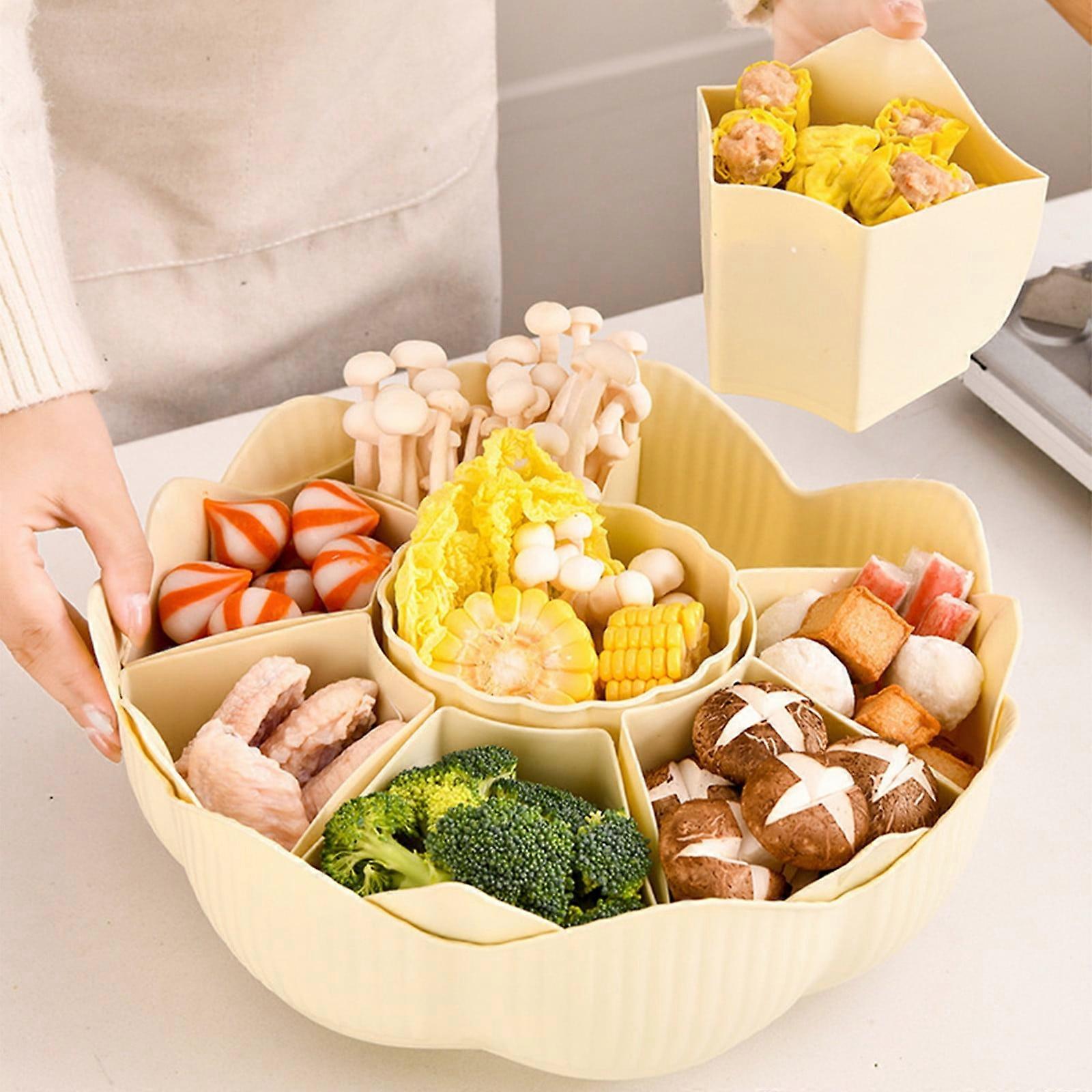 WJSXC 360° Rotating Fruit & Veggie Tray with Colander, 7-Compartment Storage Container, Beige - Compatible with party appetizers