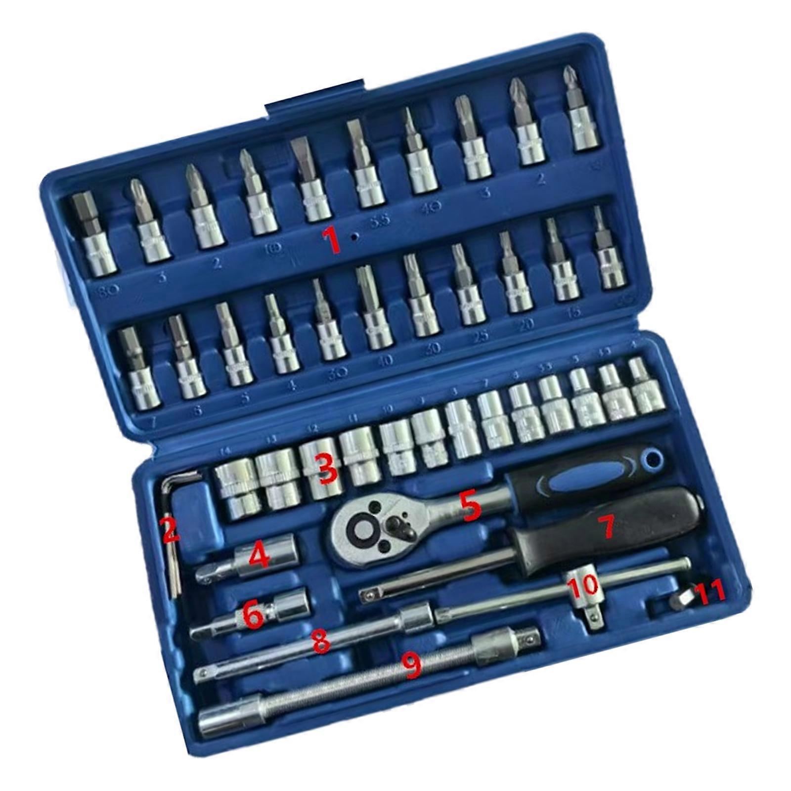 46 in 1 Auto Repair Tool Set Mechanic Hand Tool Kit Drive Ratchet Wrench Set Socket Hex Bit for Vehicle Maintenance Multicolor