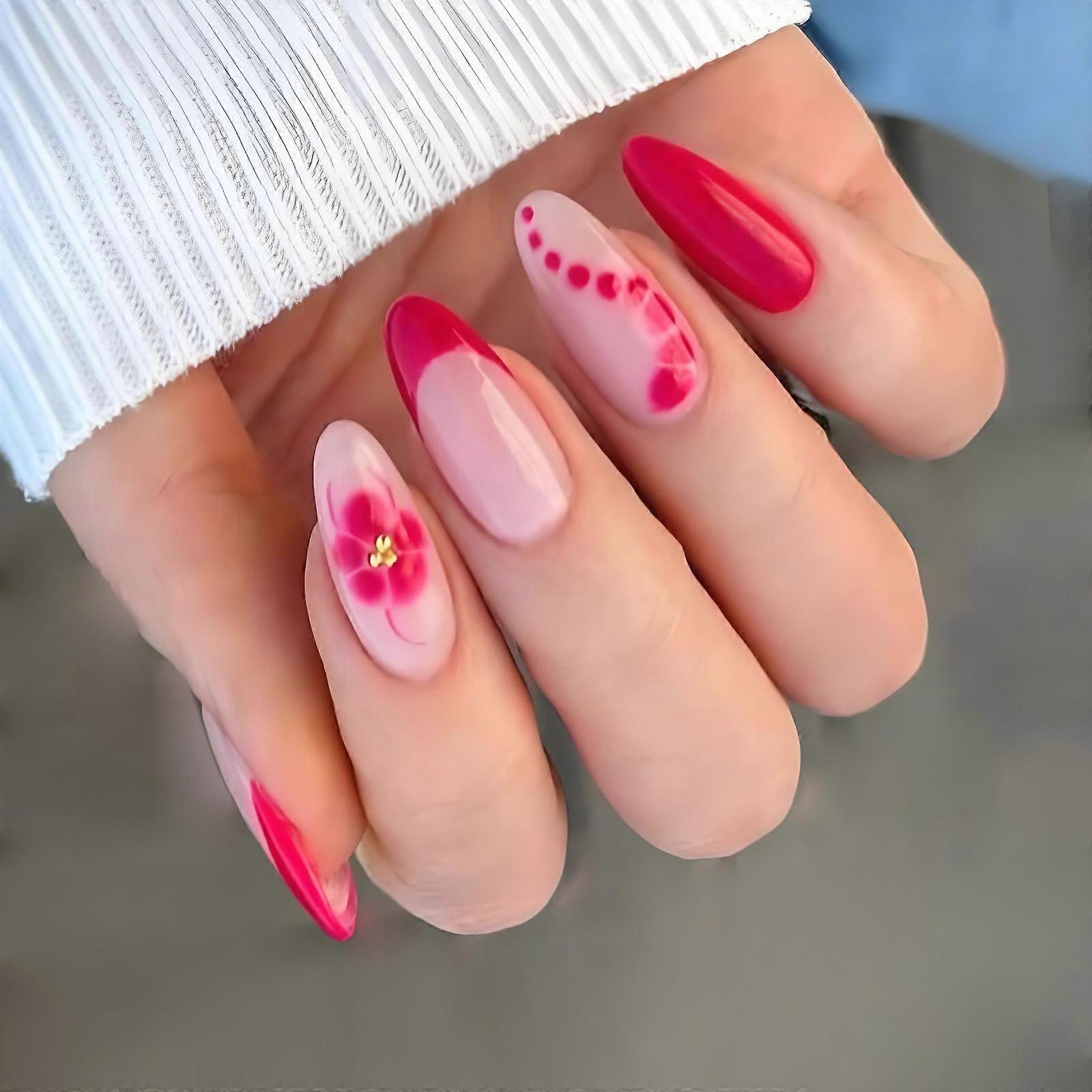 24Pcs שקד מזויף ציפורניים עיתונות על ציפורן מלאכותית ציפורן מלאכותית דבקים ציפורניים מלאכותיות על ציפורניים פרח עיצובים צרפתי ציפורניים טיפים מתנות צבעוני