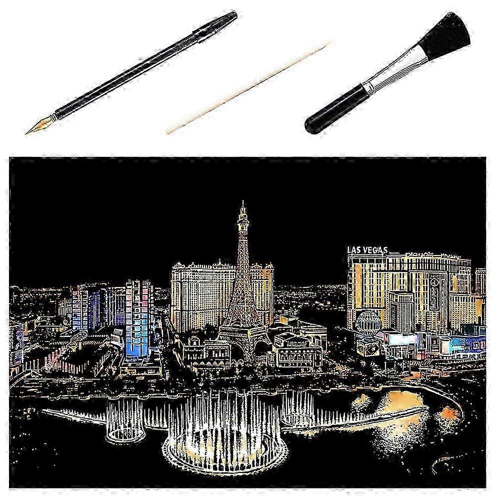 1 Set of 4pcs DIY Scratch Picture Las Vegas Nocturne Scratching Drawing Painting Paper Scratchboard with Bamboo Stick Gold-plated Pen Brush