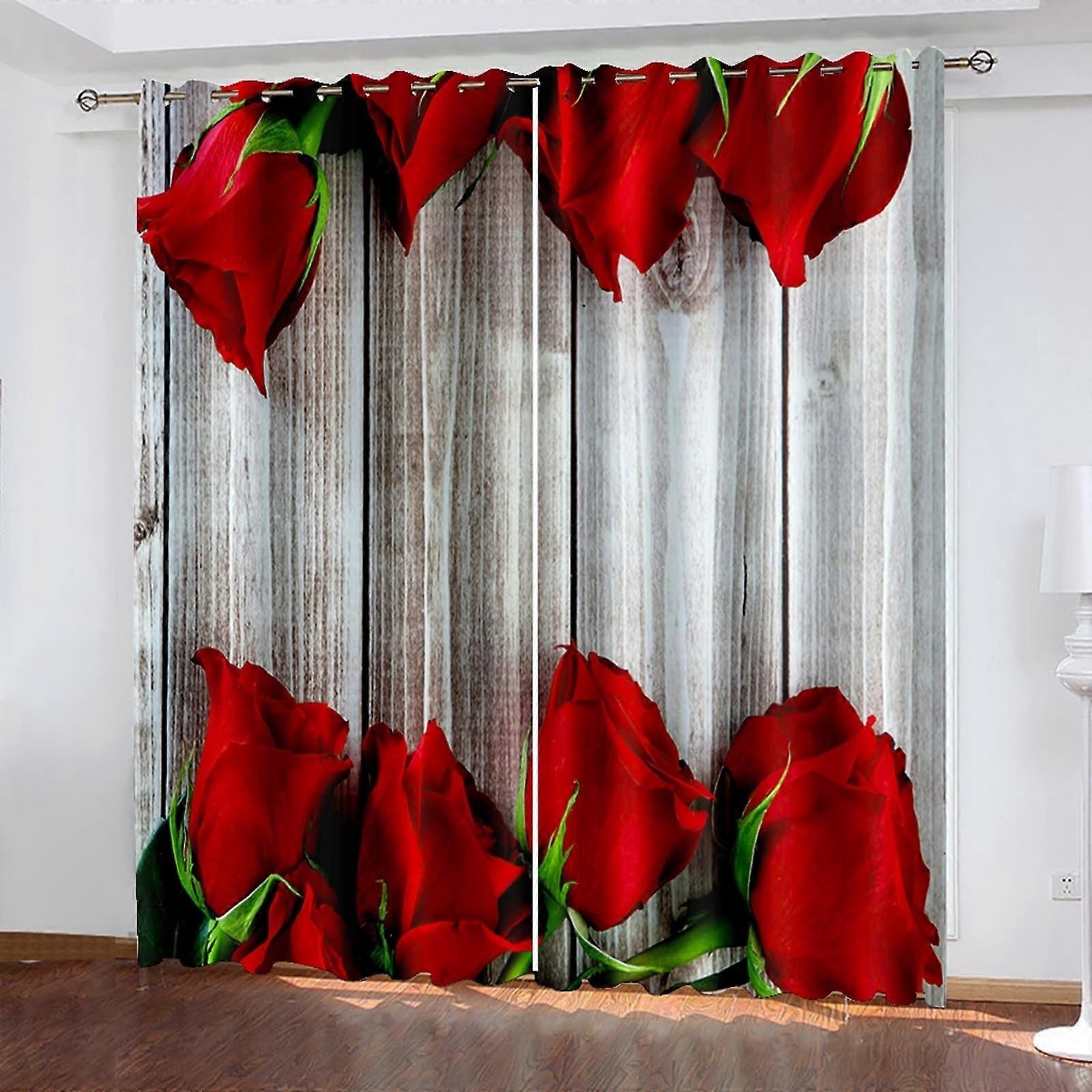 Gray Blackout Curtains Set of 2 with Wooden Board and Floral Pattern Polyester 52' x 108