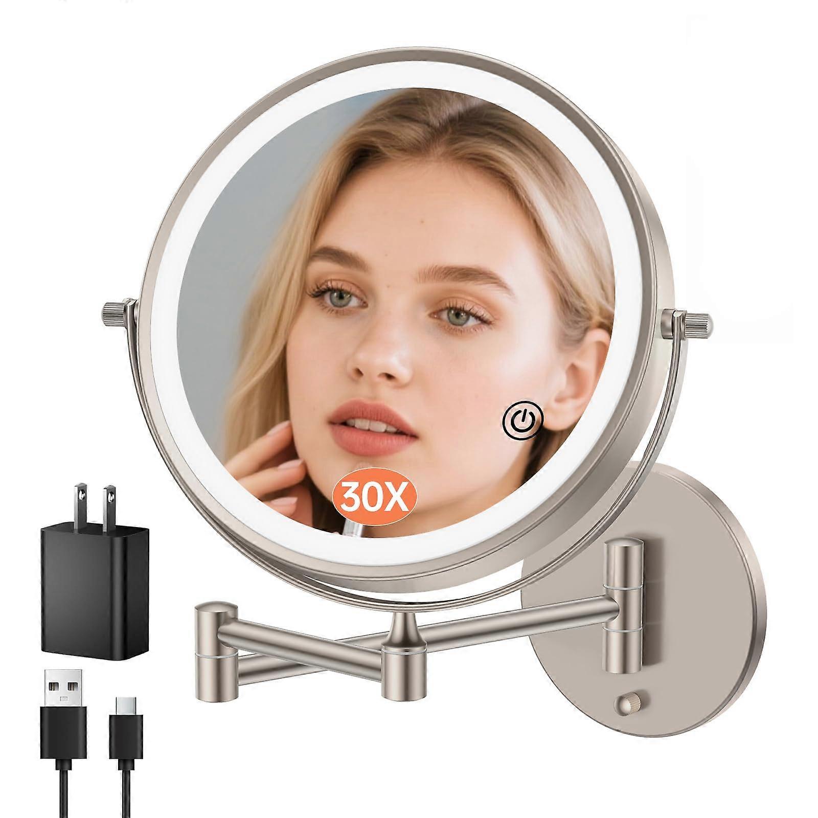 10 Inch Lighted Wall Mounted Makeup Mirror 30X Magnification Double Sided Rechargeable Nickel