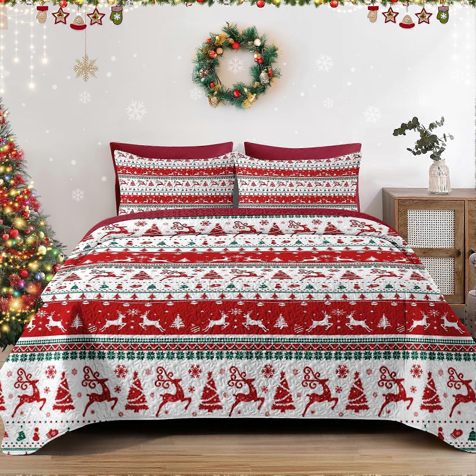 Christmas King Size Quilt Set with Pillow Shams, Lightweight Boho Snowflake Bedding for All Seasons