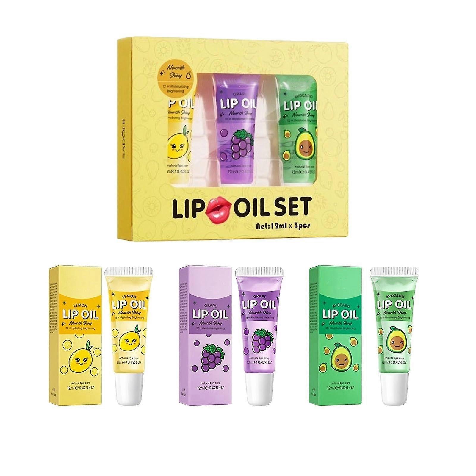 Glossy Lip Oil Set 3Pack with Avocado Grapefruit Lemon, 24H Hydration and NonSticky Plumping Effect