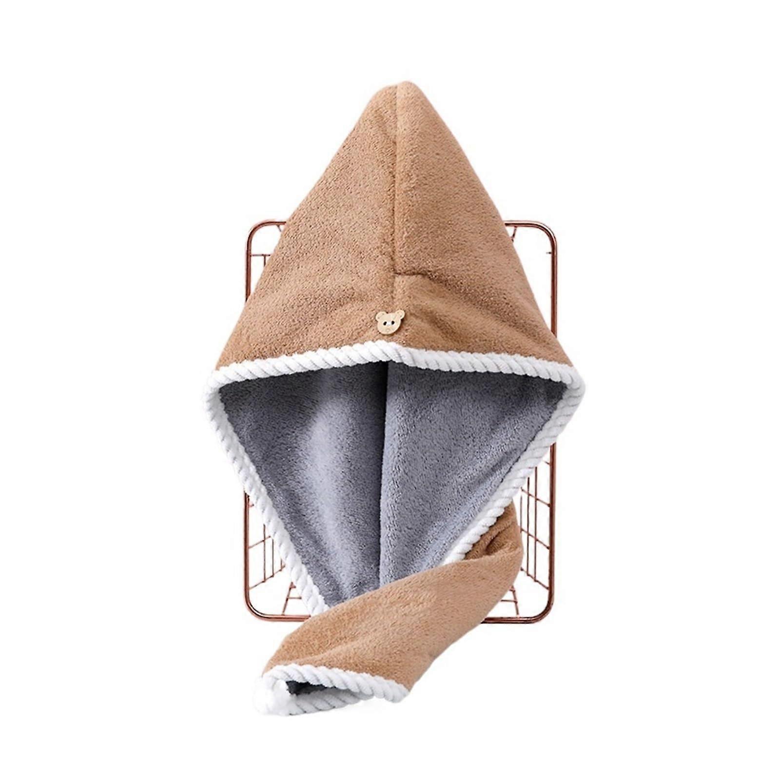 Hair Drying Towel Cap Double Layer Microfiber for Quick Drying and Fast Water Absorption Brown Gray