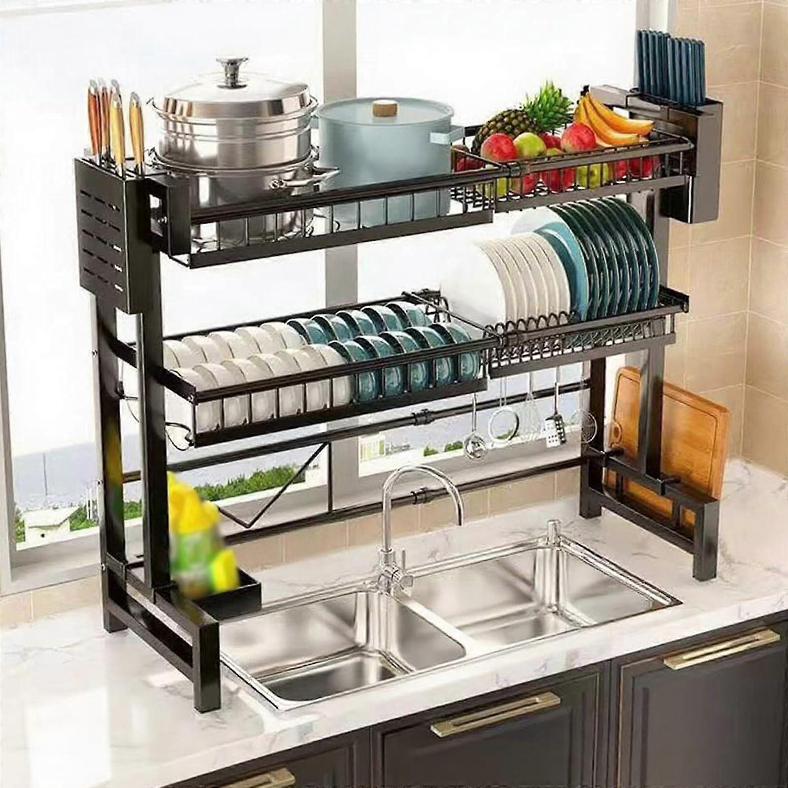 Over Sink Dish Drying Rack 2Tier Adjustable Kitchen Storage with Utensil Holder Black