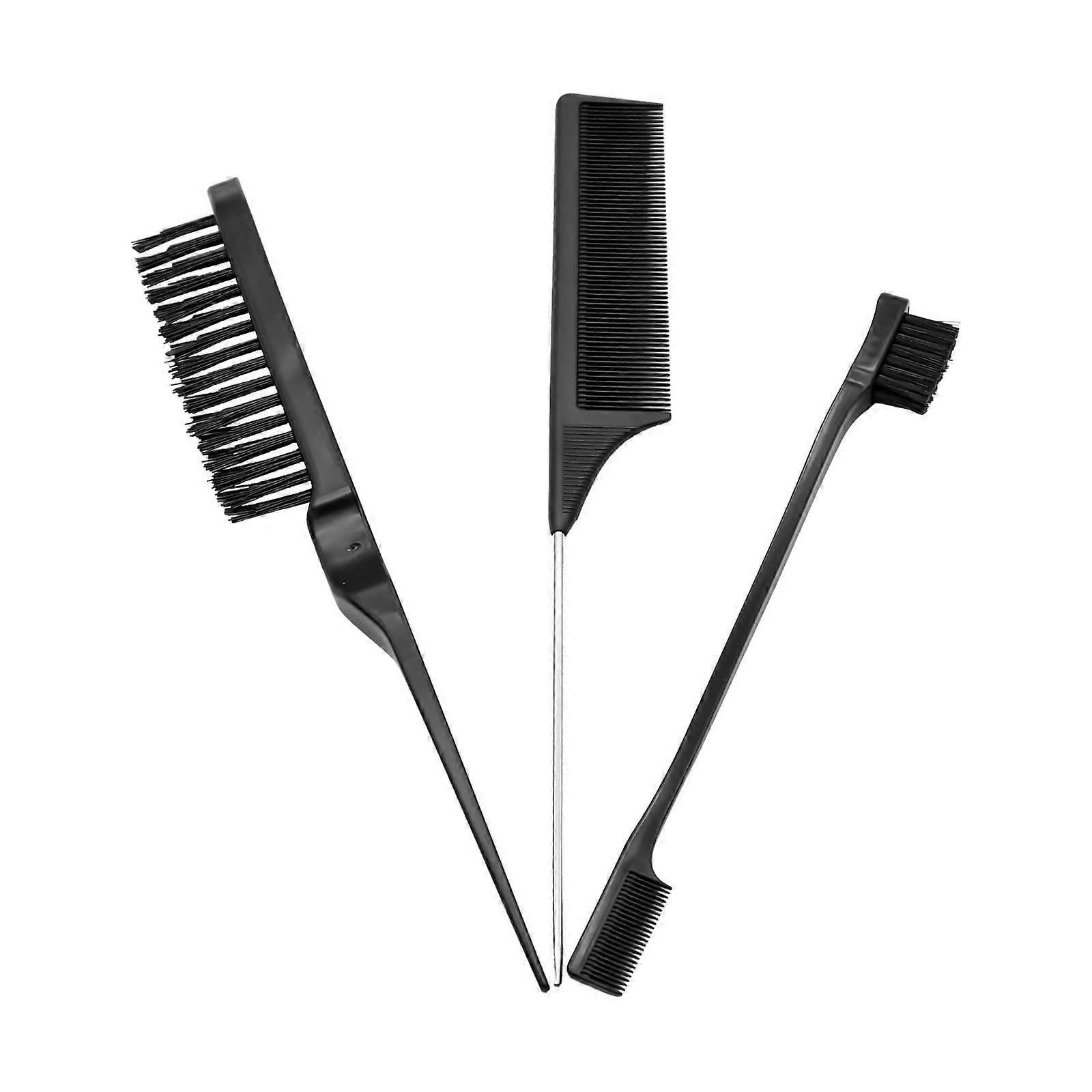 Teasing Brush Set 3 Pcs Black, Edge Brush and Comb with Stainless Tail for Precise Edge Styling