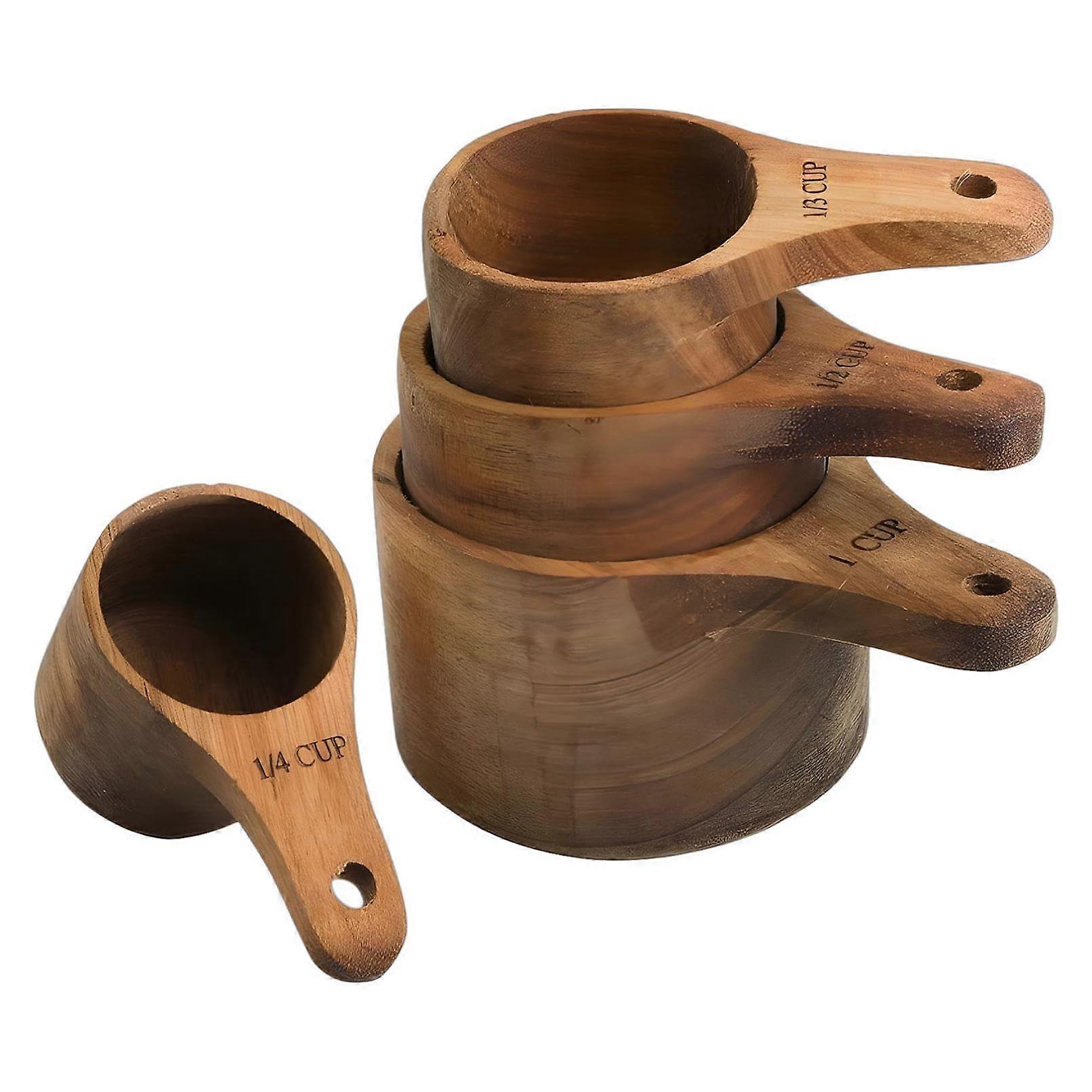 Wooden Measuring Cups and Spoons Set with Precise Laser Engravings, Rustic Solid Wood for Baking