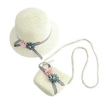 Girls Straw Cap and Straw Kids Bag for Beach Use 1Set White