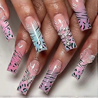 Coffin Press On Nails with Rhinestones Leopard Print 3D Bow Glossy Reusable Set 24Pcs