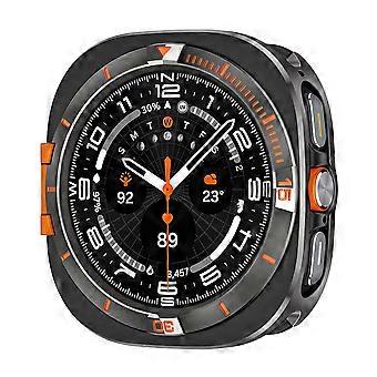 Funda protectora resistente de metal para Samsung Galaxy Watch Ultra (2025) de 47 mm / Watch Ultra de 47 mm - Acabado en color gris oscuro / detalles en naranja.