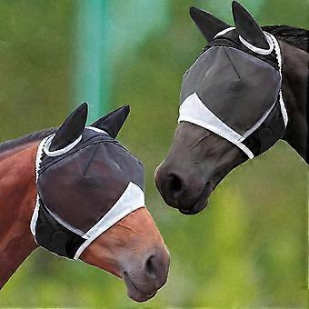 2 Stück Fliegenmasken mit Ohren für Pferde, weiche, dehnbare Netz-Gesichtsmaske für Pferde, atmungsaktiver Augenschutz, UV-Schutz für Pferde (Schwarz, L)