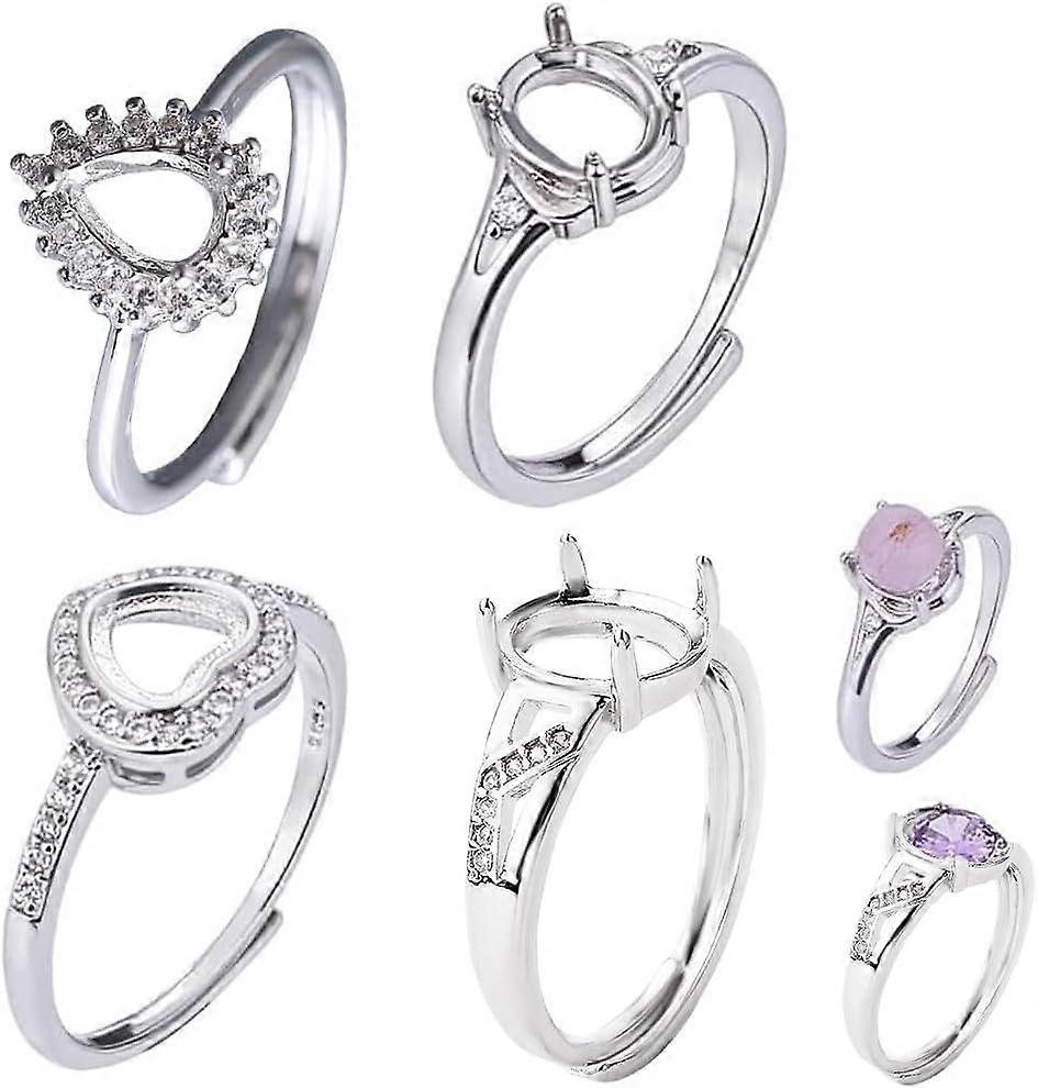 4Pcs 4 Styles Brass Rhinestones Adjustable Ring Components Pad Ring Settings Heart Teardrop Oval Silver