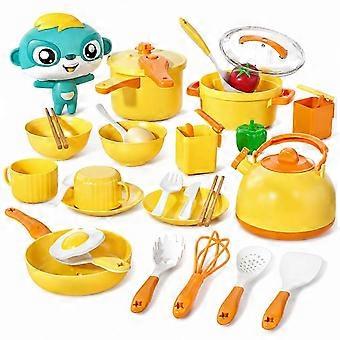 Kids Kitchen Pretend Play Cooking Toy Set with Utensils, 38 Accessories, Yellow Plastic