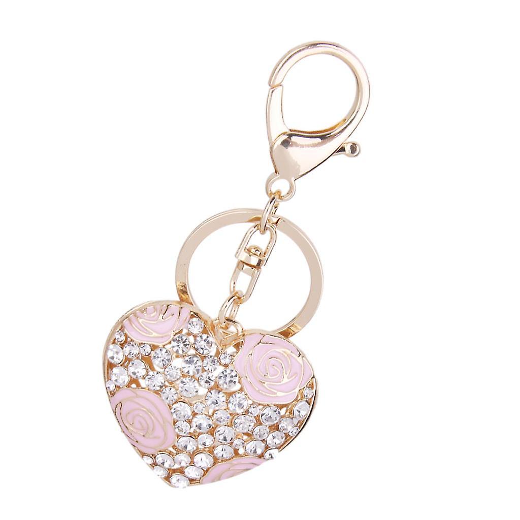 Crystal Pink Rose Heart Charm Keyring