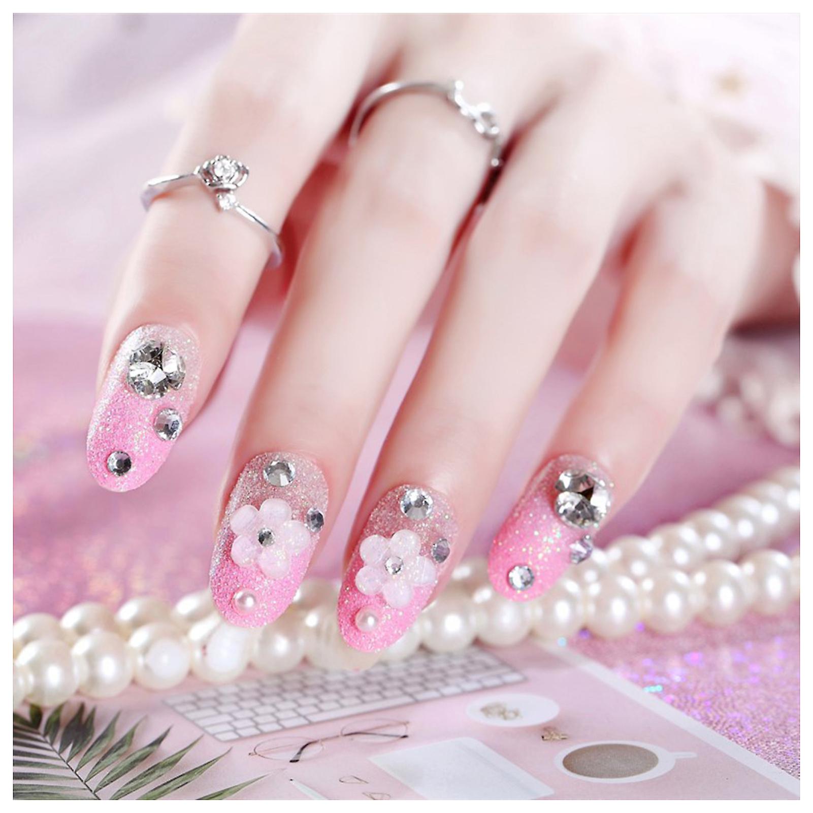 Full Glitter Round Head Pink Fake Nails Durable & Never Splitting Com