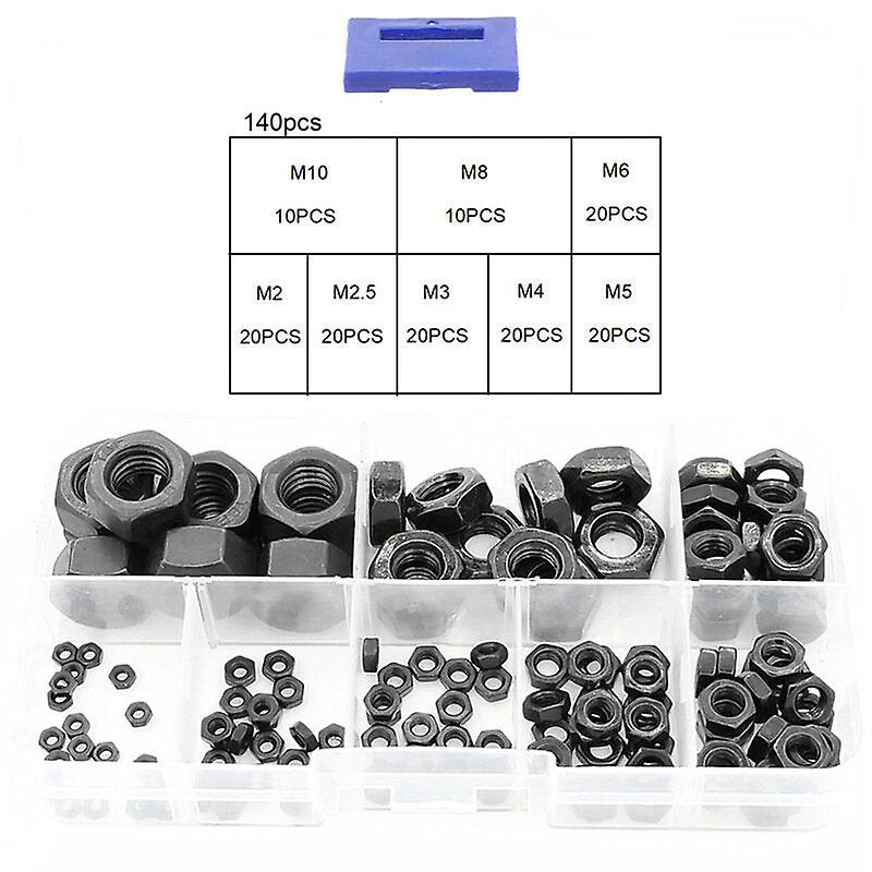 140Pcs Black Carbon Steel Nuts Hex Nut Washer Hexagonal Nuts M2-m10