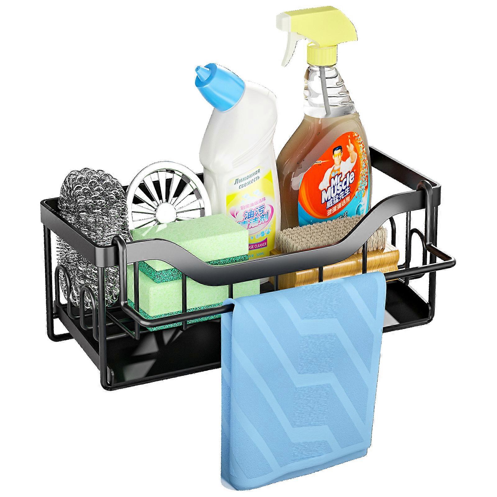 Kitchen Sink Organizer, Stainless Steel Kitchen Sink Sponge Holder with Automatic Drain Tray, Kitchen Storage Organizer with Towel Rack