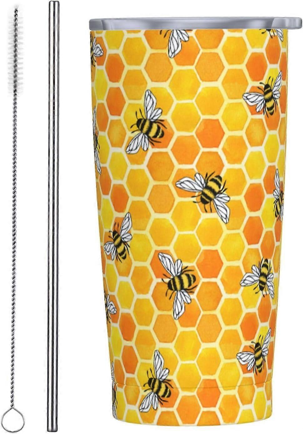 Copo de Viagem Amarelo Bonito com Abelhas e Favo de Mel 20oz Com Tampa e Canudo, Copos de Aço Inoxidável Caneca de Café Isolada Presente Para Homens Mulheres