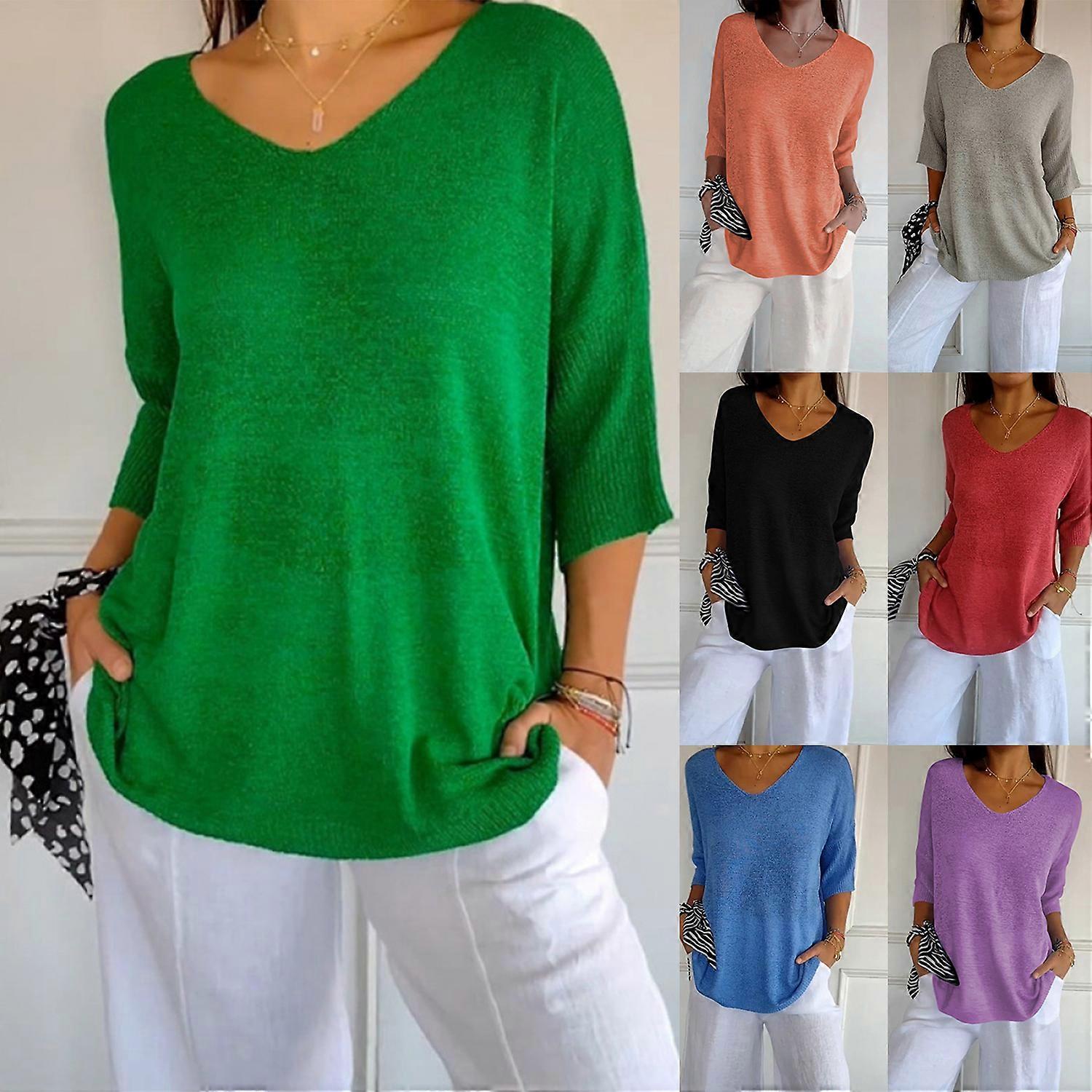 نسائي V رقبة نصف كم قمصان محبوكة بلوزة فضفاضة بلون خالص قمم 2024 جديد