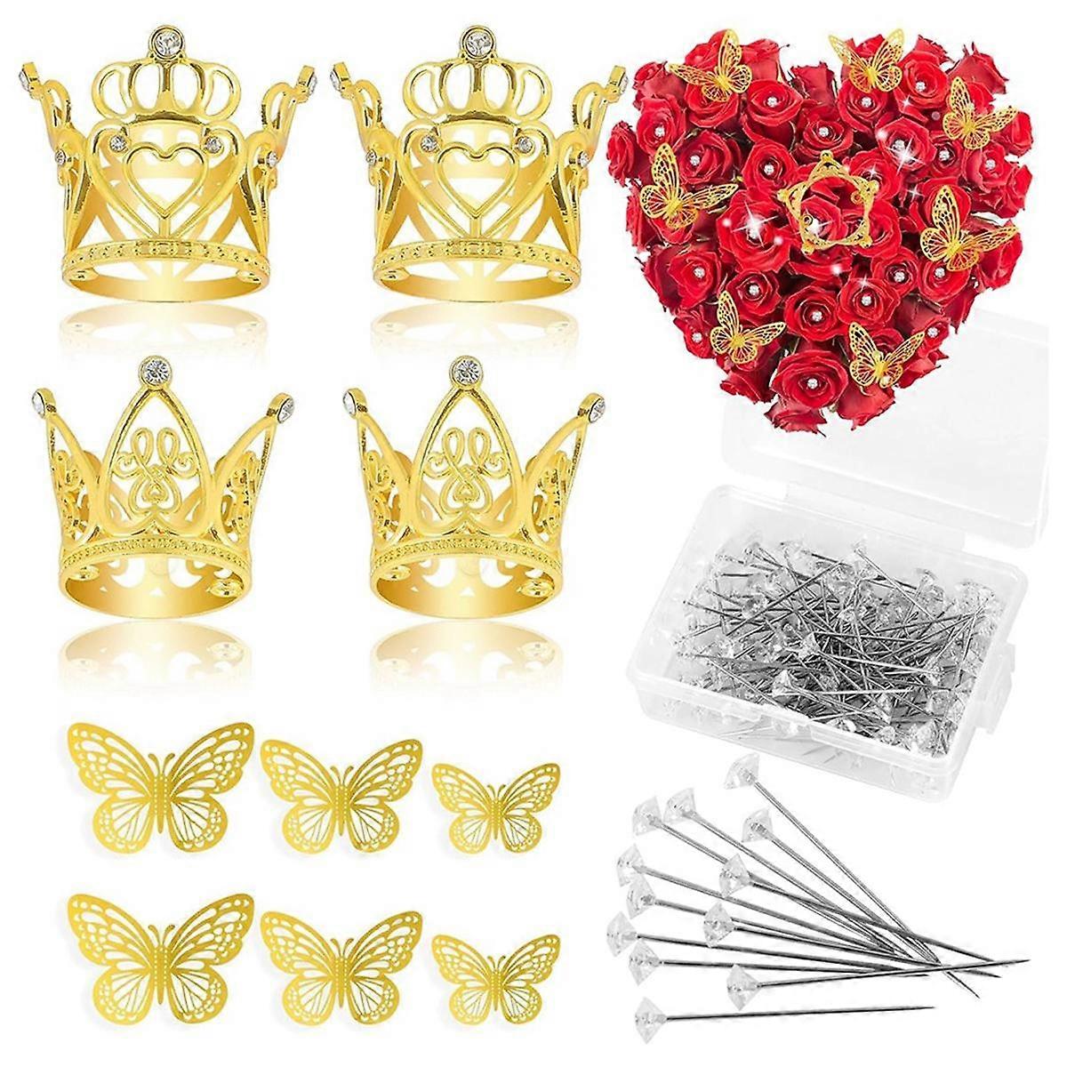 140 Pcs Flower Corsage Accessories Set,4 Pcs Mini Gold Crown 36 Pcs 3D Gold Butterfly Stickers and