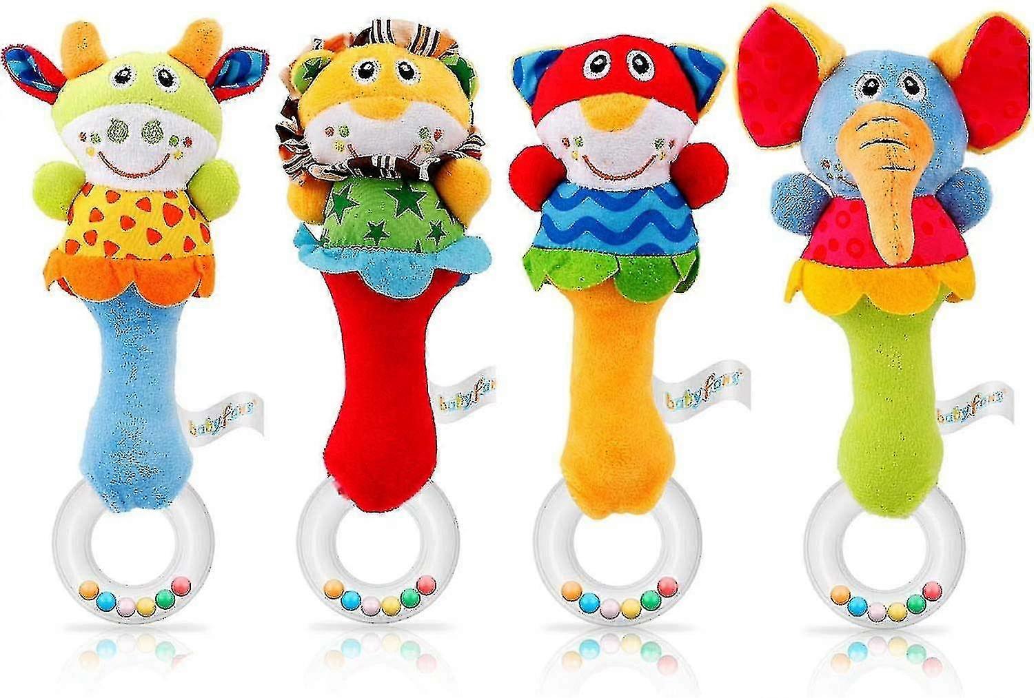 Baby Soft Rattle Sensory Toys - 4 Pack Newborn Plush Rattle Animal Grip Set With Teeth Rings Early Learning Toys For Toddlers 0 - 12 Months