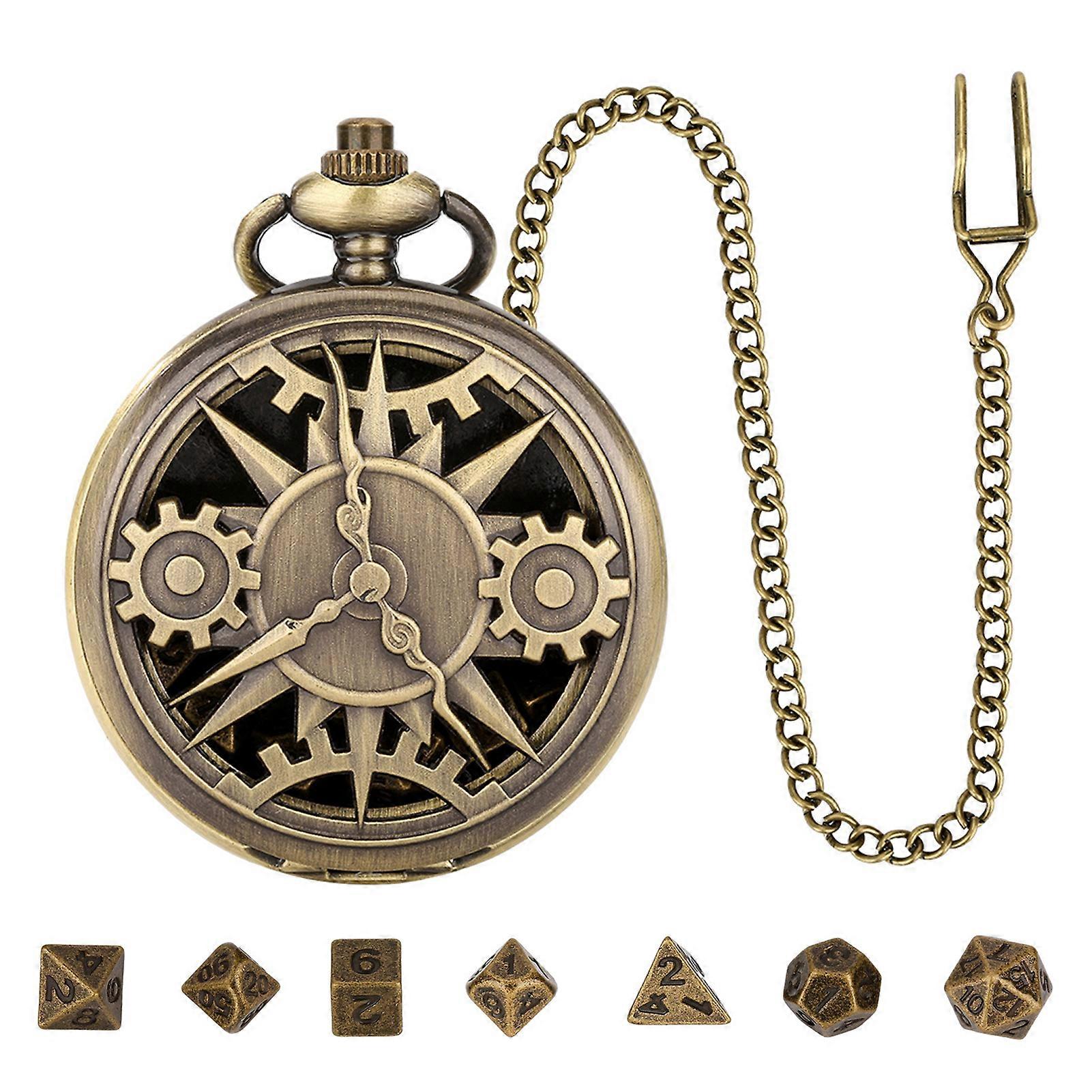 Mini DND Dice Set Tiny Polyhedral Metal Dice Set Bronze Steampunk Gear Pocket Watch Dice Set Role Playing Board Games Accessories