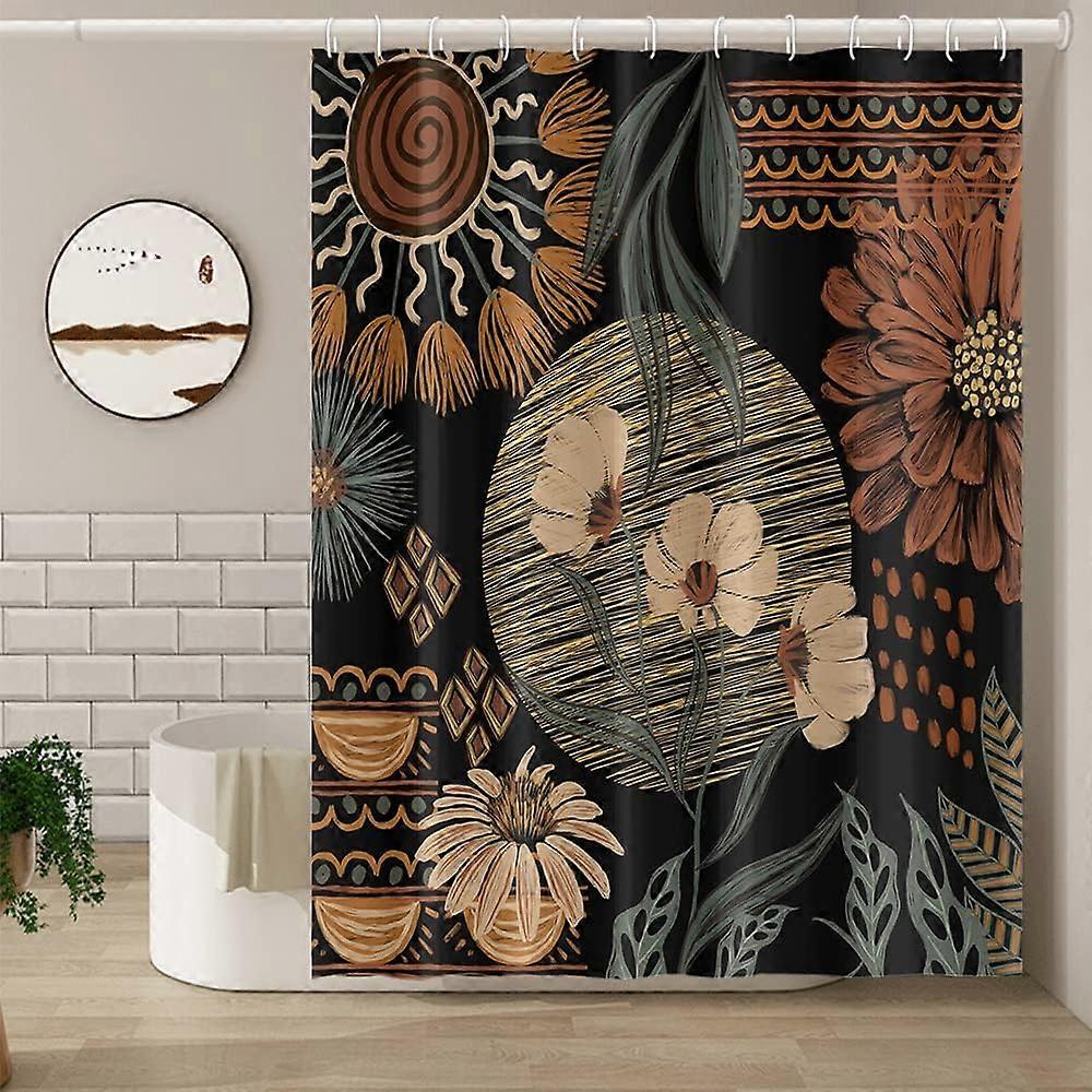 ブラックボヘミアンフローラルシャワーカーテンミッドセンチュリーフラワーボタニカルモダンエレガント美的シャワーカーテンバスルームの装飾防水ポリエステルウィット
