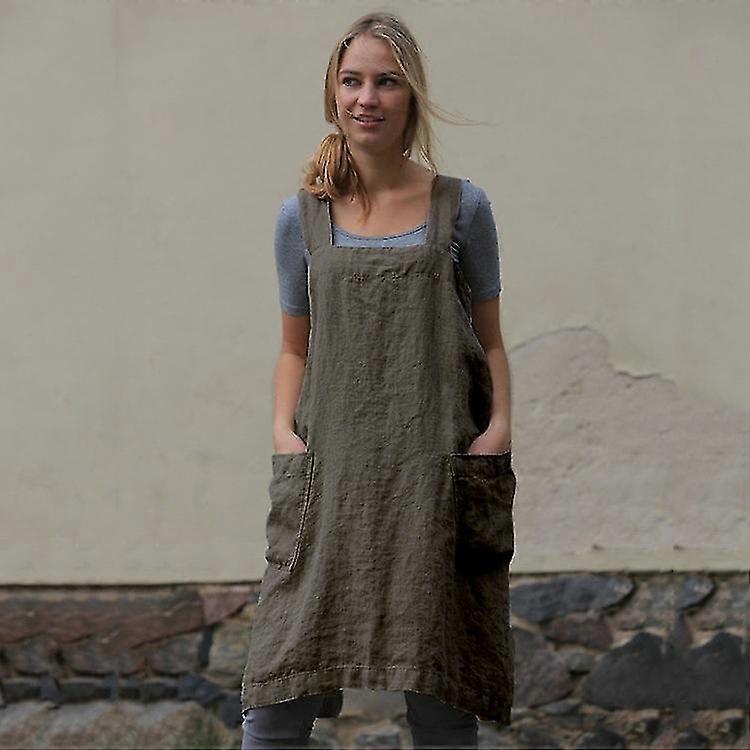 Bumbac lenjerie șorț Cruce înapoi șorț pentru femei cu buzunare Pinafore Rochie de bumbac pentru femei lenjerie șorț Loungewear Loose