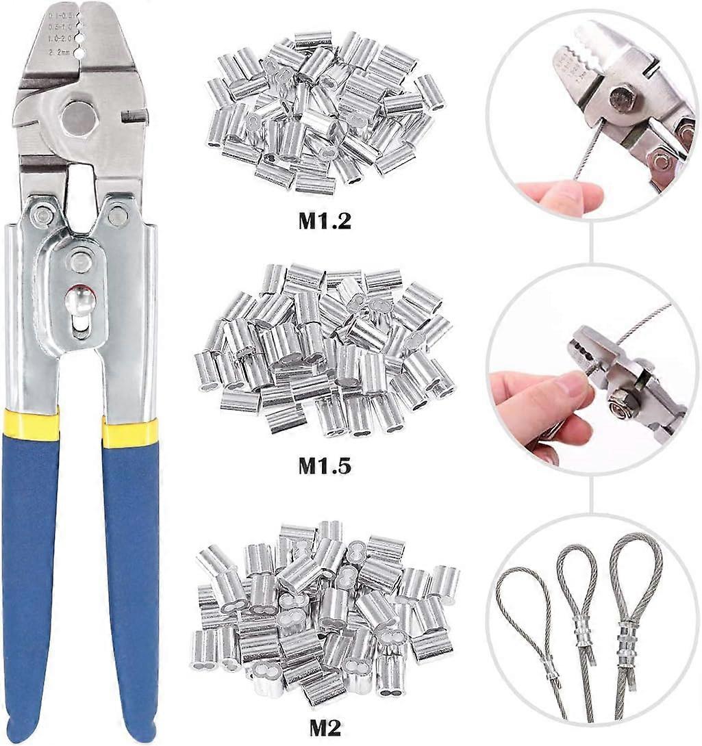 Crimping tool for wire rope up to 2.2mm with 150 pieces aluminum double barrel crimping sleeves in 3 sizes